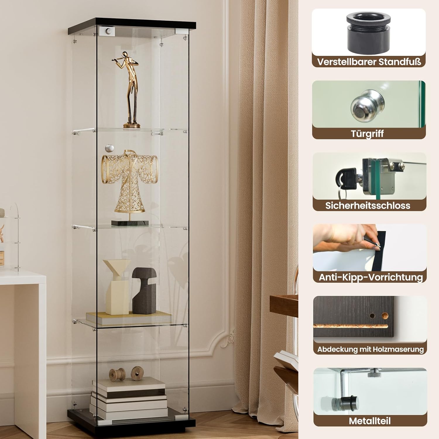 Glasvitrine Standvitrine in Schwarz, 164x42,5x36,5CM Glas Vitrine