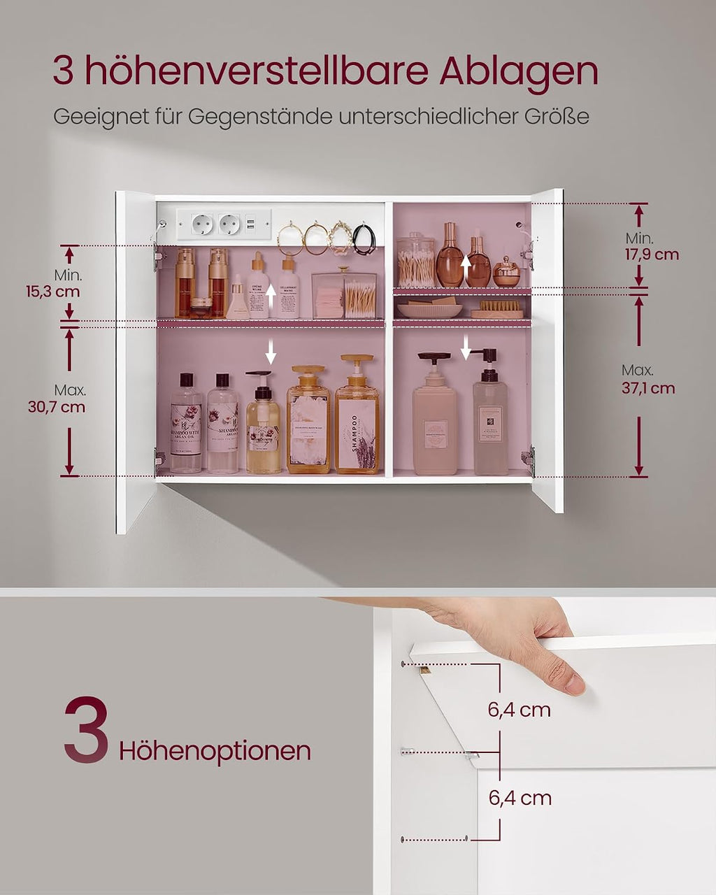 VASAGLE Spiegelschrank mit Beleuchtung, Wandschrank, 16,5 x 80 x 60 cm