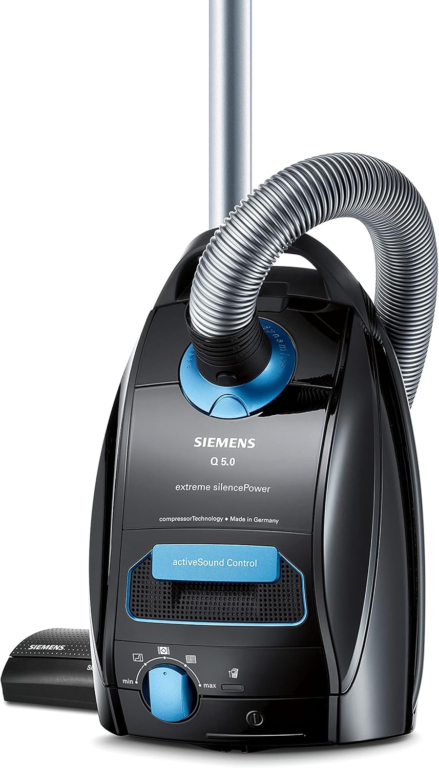 Siemens Staubsauger mit Beutel Q5.0 extreme silencePower VSQ5X1230, ideal für Allergiker, Hygiene-Filter, starke Saugleistung, Bodendüse für Parkett, Teppich, Fliesen, langes Kabel, 850 W, schwarz