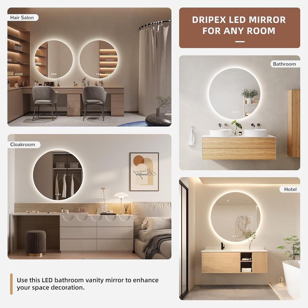 Dripex Badezimmerspiegel Led Badspiegel Rund, Touch-Schalter, Dimmbar, 3 Lichtfarbe Einstellbare Spiegel Bad mit Beleuchtung, LED Wandspiegel mit Licht, Beschlagfrei 80x80 cm