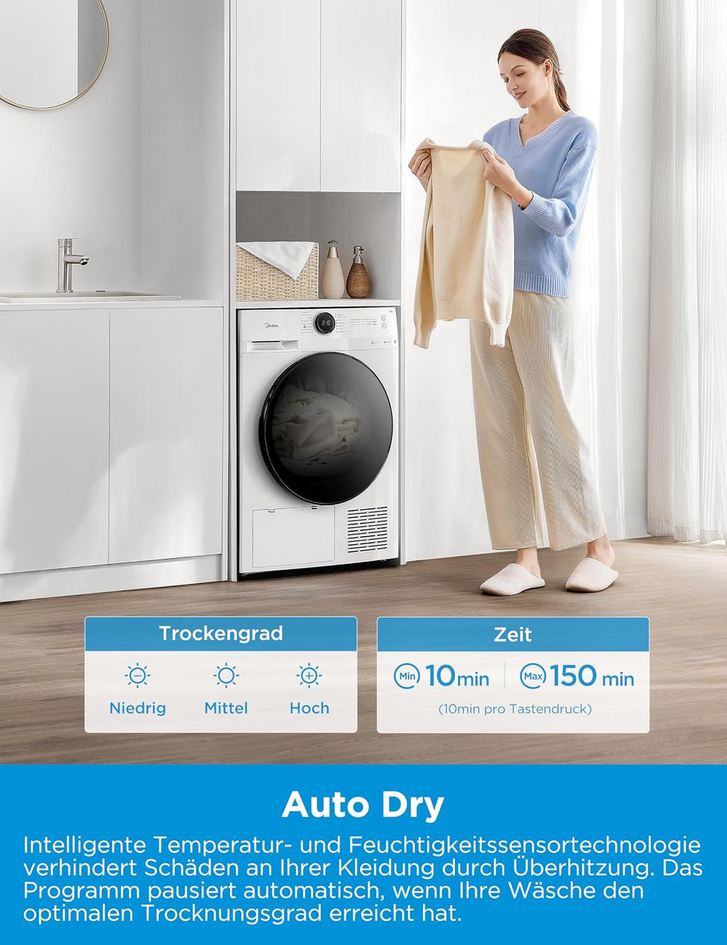 Midea Wärmepumpentrockner 8 kg Energieklasse C Fernsteuerung MD20EH80WB-A3