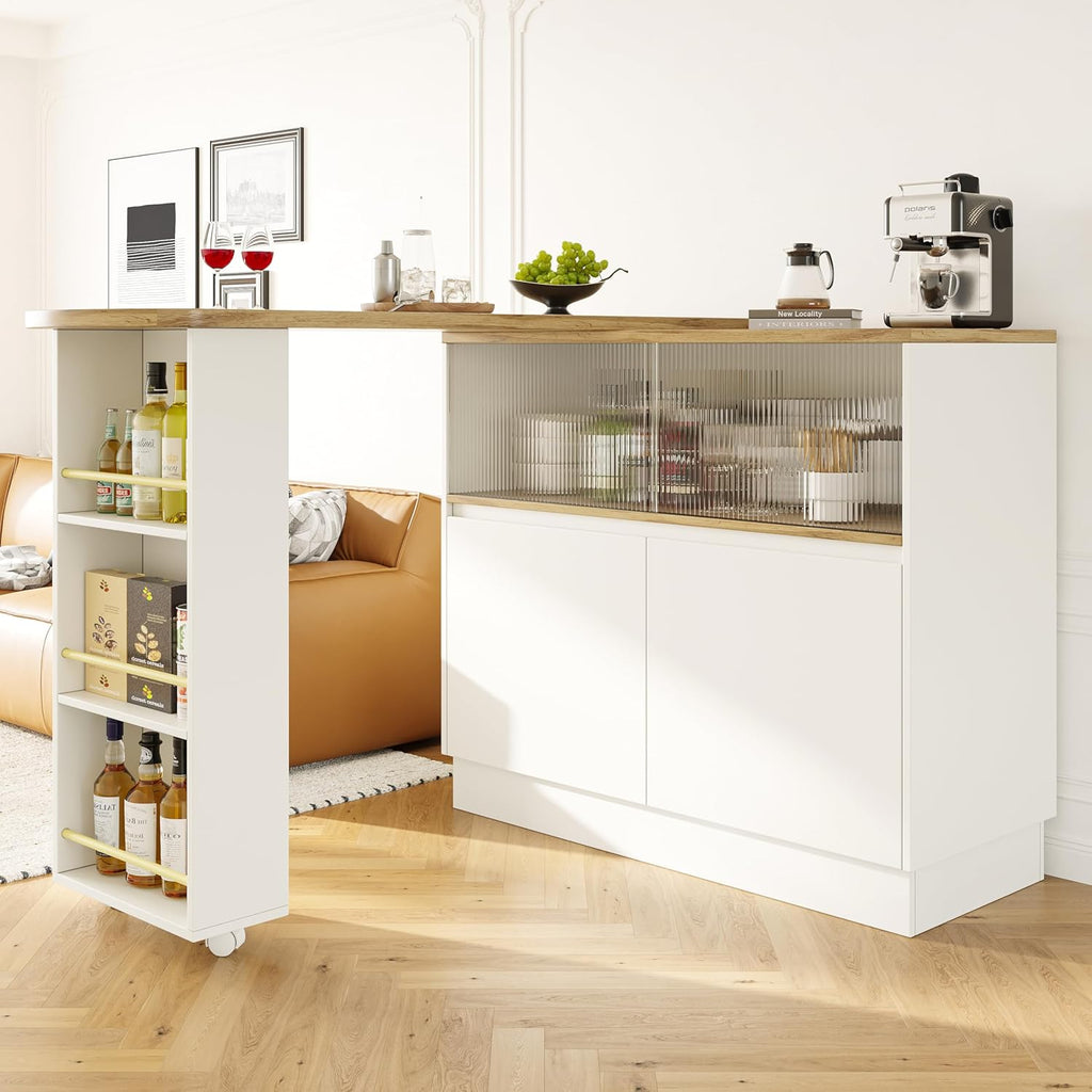 Merax Ausziehbarer Bartisch mit Stauraum, 360° drehbarer Beweglicher Bartisch Küchentheke Kücheninsel Kaffeeecke, mit Offene Ablagefächer, Glasschiebetür, Weiß/120-180 x 45 x 103 cm