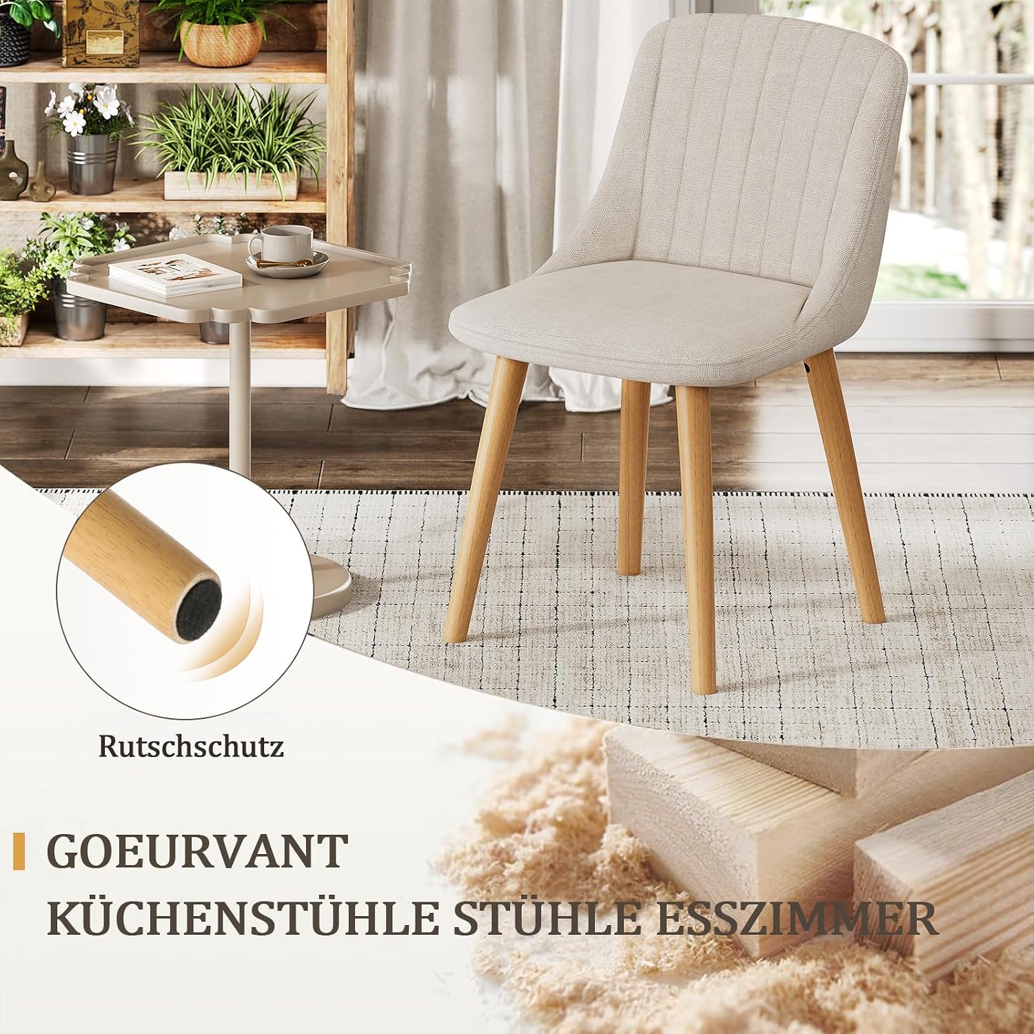 Esszimmerstühle Beige 4er Set Holzbeine Polsterstuhl Küchenstuhl aus Polyester Stühle Esszimmer Wohnzimmerstuhl für Esszimmer Küche Büro