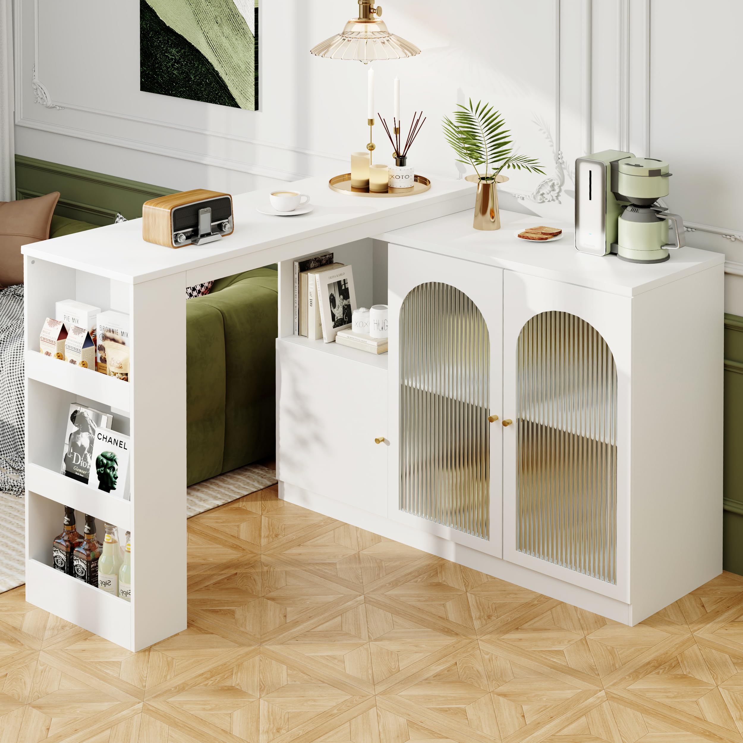 Merax Ausziehbarer Bartisch mit Stauraum, 360° drehbarer Beweglicher Bartisch Küchentheke Kücheninsel Kaffeeecke, mit Offene Ablagefächer, Glasschiebetür, Weiß/120-180 x 45 x 103 cm