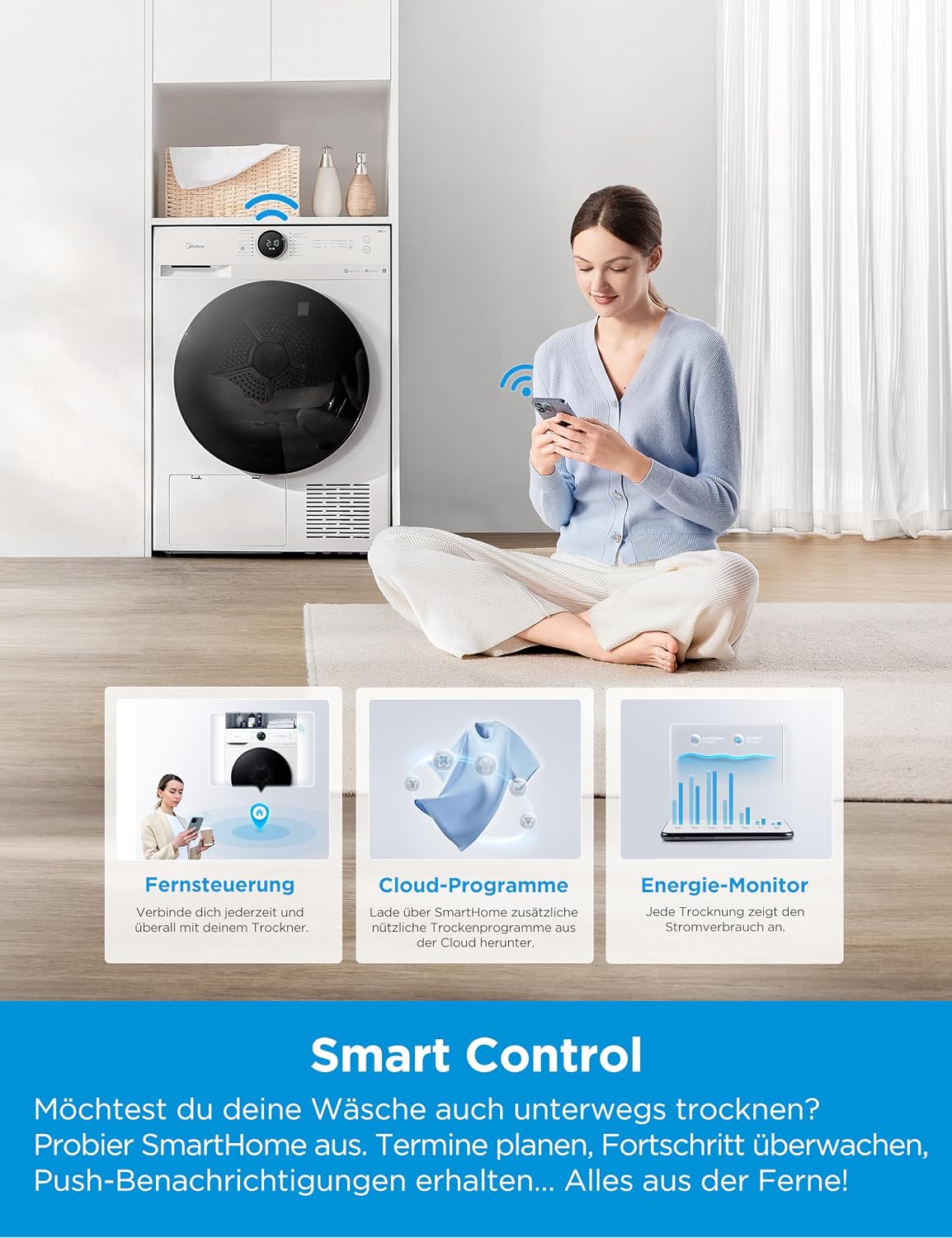Midea Wärmepumpentrockner 8 kg Energieklasse C Fernsteuerung MD20EH80WB-A3