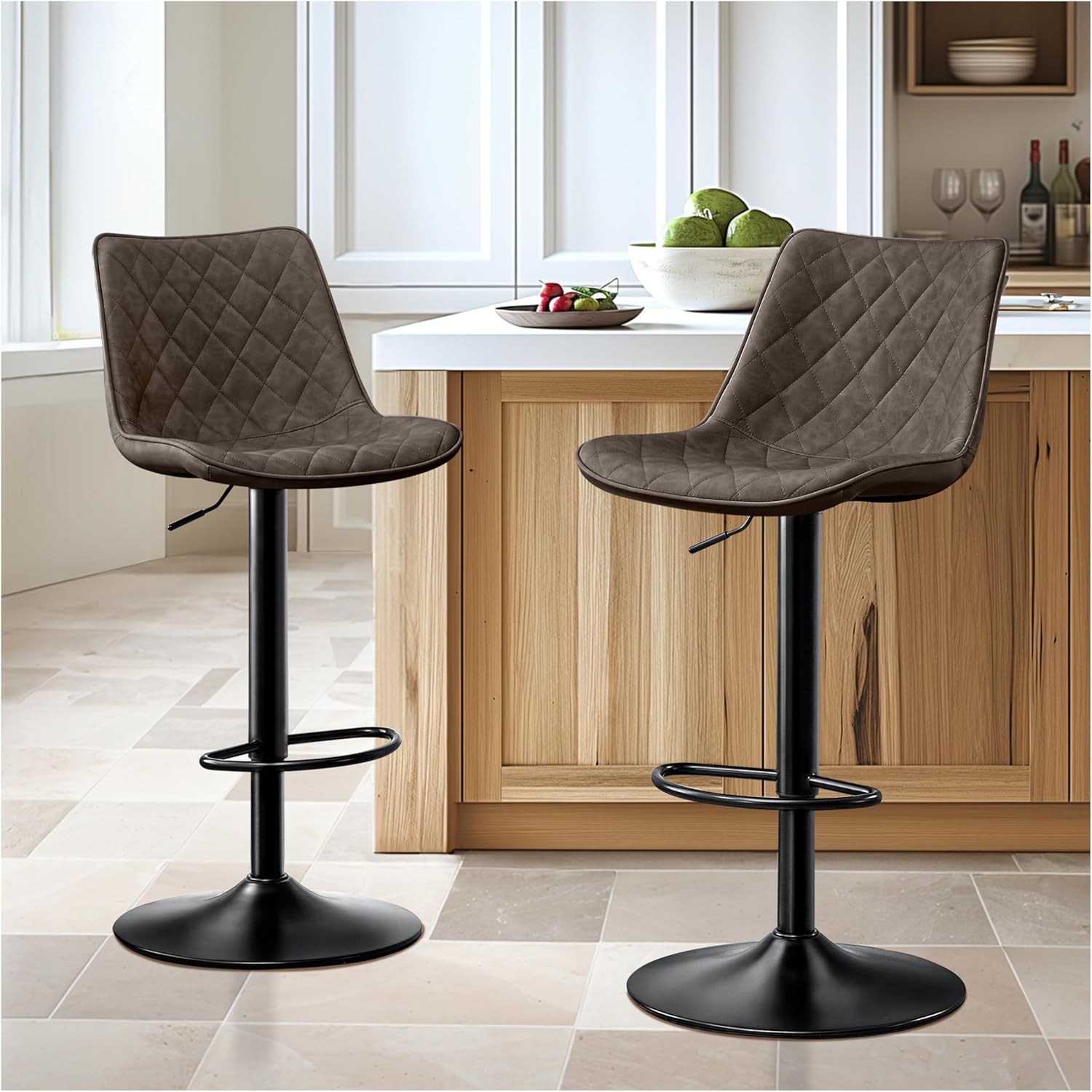 STOOLINK Barhocker 2er Set Barstuhl Höhenverstellbar mit Mikrofaser-Leder, Barhocker mit Lehne, Tresenhocker Drehbar, Bistrohocker Designer, Barstühle für Küche, Theke, Bar-Braun