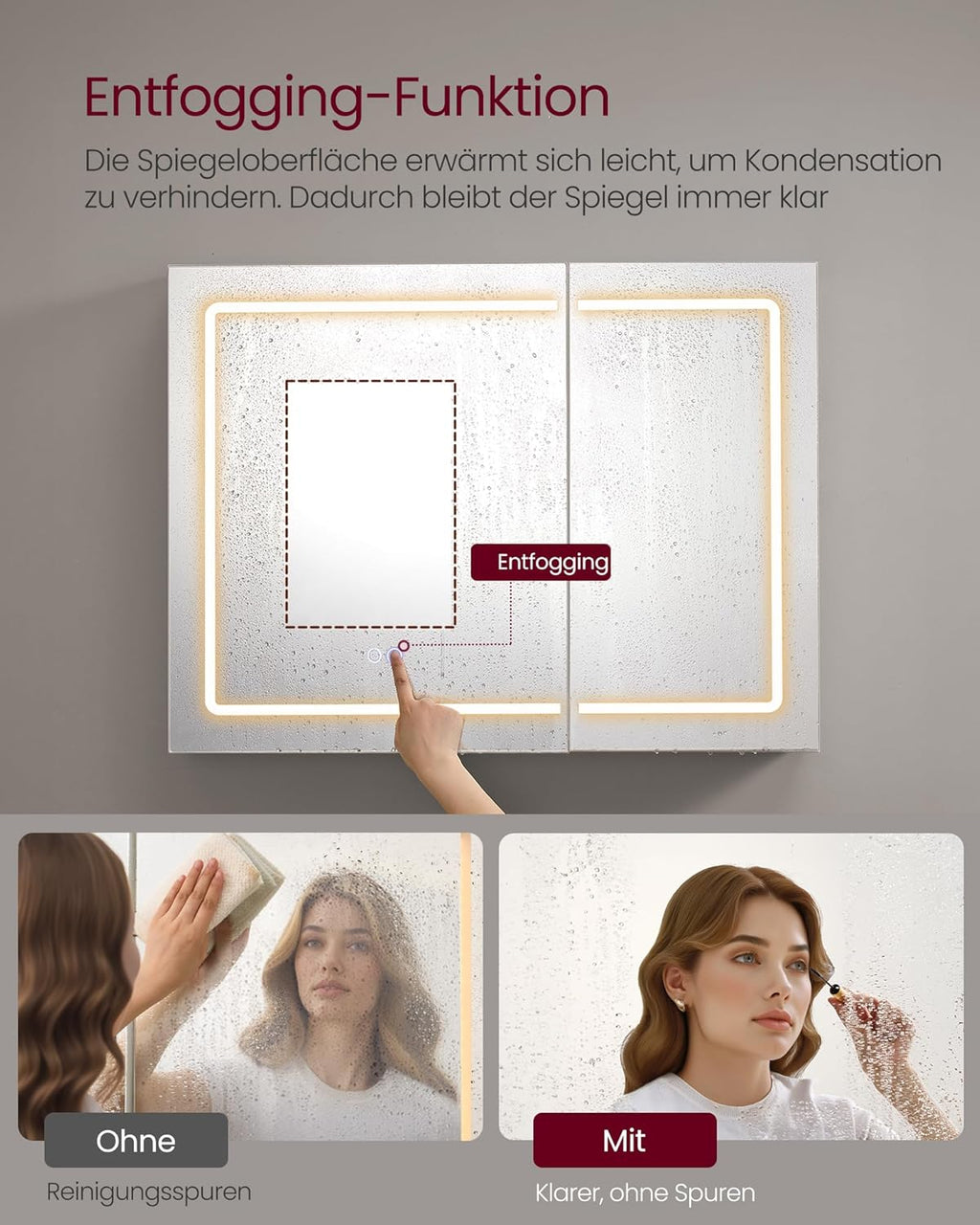 VASAGLE Spiegelschrank mit Beleuchtung, Wandschrank, 16,5 x 80 x 60 cm