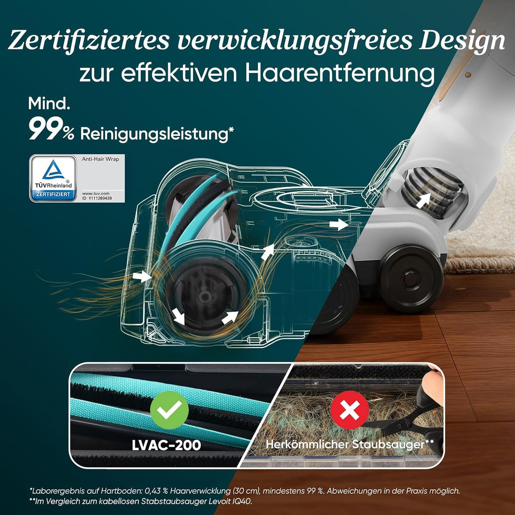 Levoit Akku Staubsauger LVAC 200, bis 75 m², Anti Tangle, 99,9% Effizienz