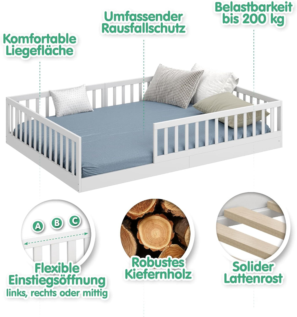 CADANI TIMI XL Bodenbett 140x200 Weiß, Rausfallschutz abnehmbar, bis 200 kg