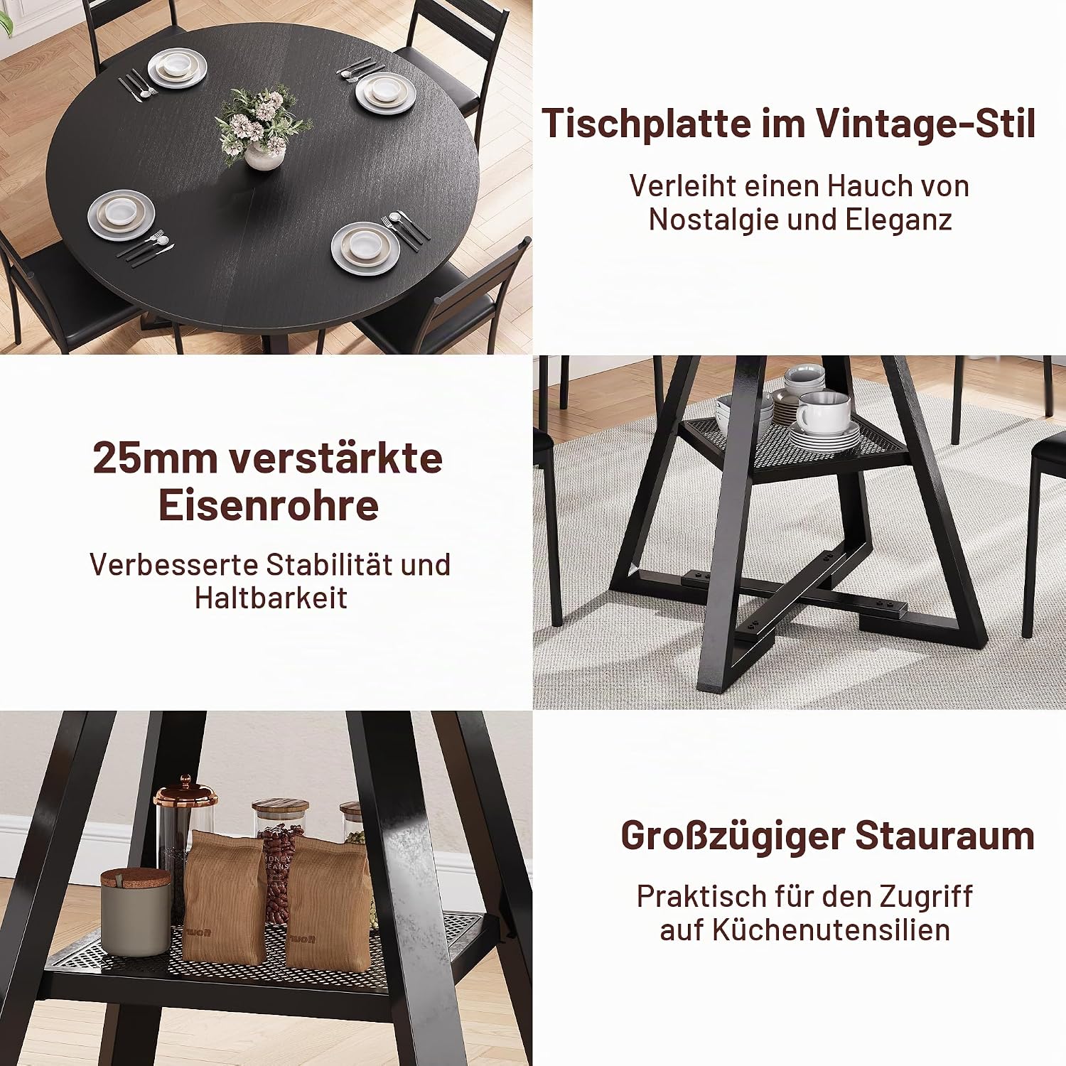 Jocoevol Esstisch Runder für 2–4 Personen, Esszimmertisch mit Ablage, platzsparender Küchentisch aus Holz im Industrial Design (Schwarz, 107x107x76cm)