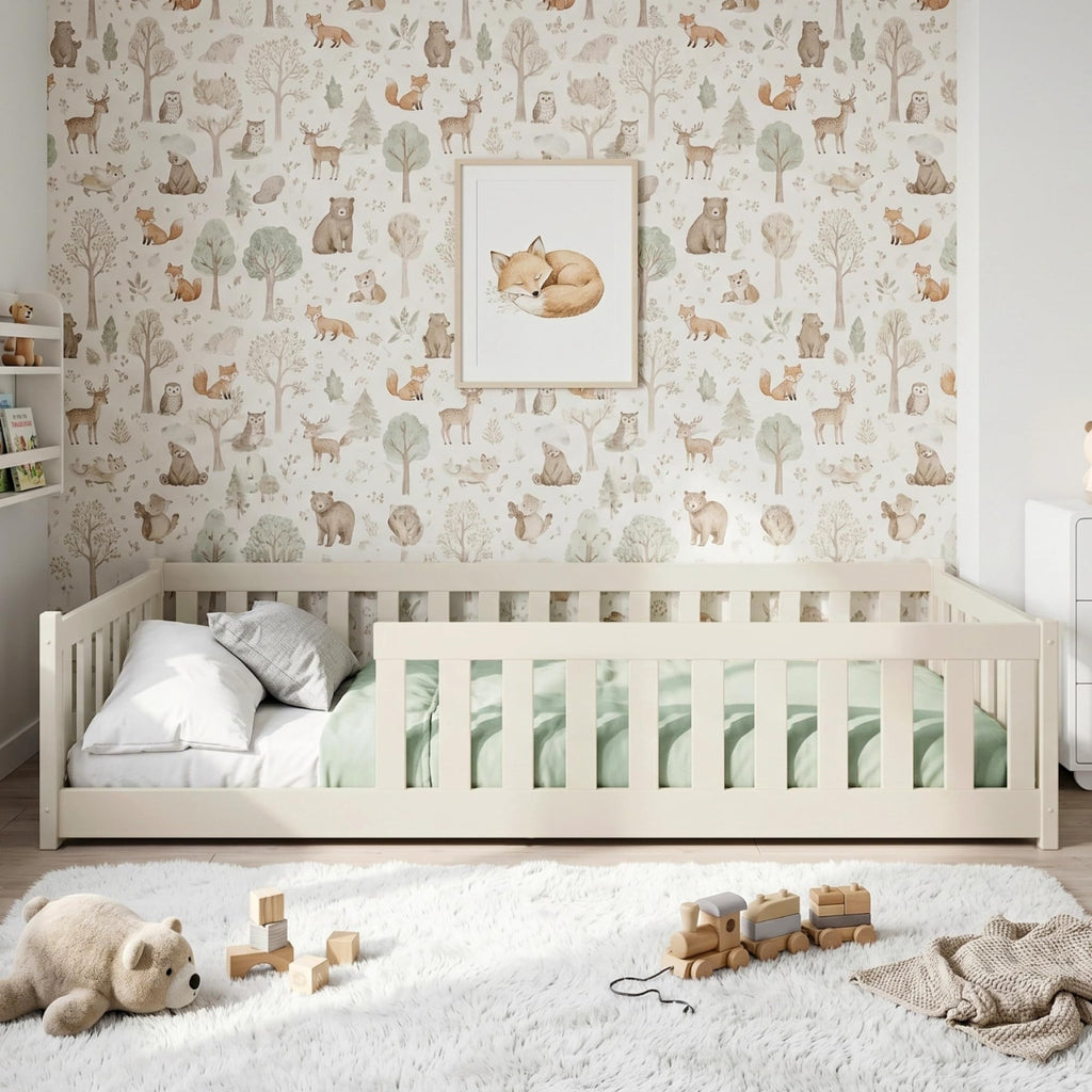 Kids Collective Kinderbett Bodenbett 120x200 cm Bett mit Rausfallschutz & Lattenrost Montessori Bett Bed Gitterbett Kinder Jugendbett Einzelbett | Natur Kiefer Holz massiv Junge Mädchen