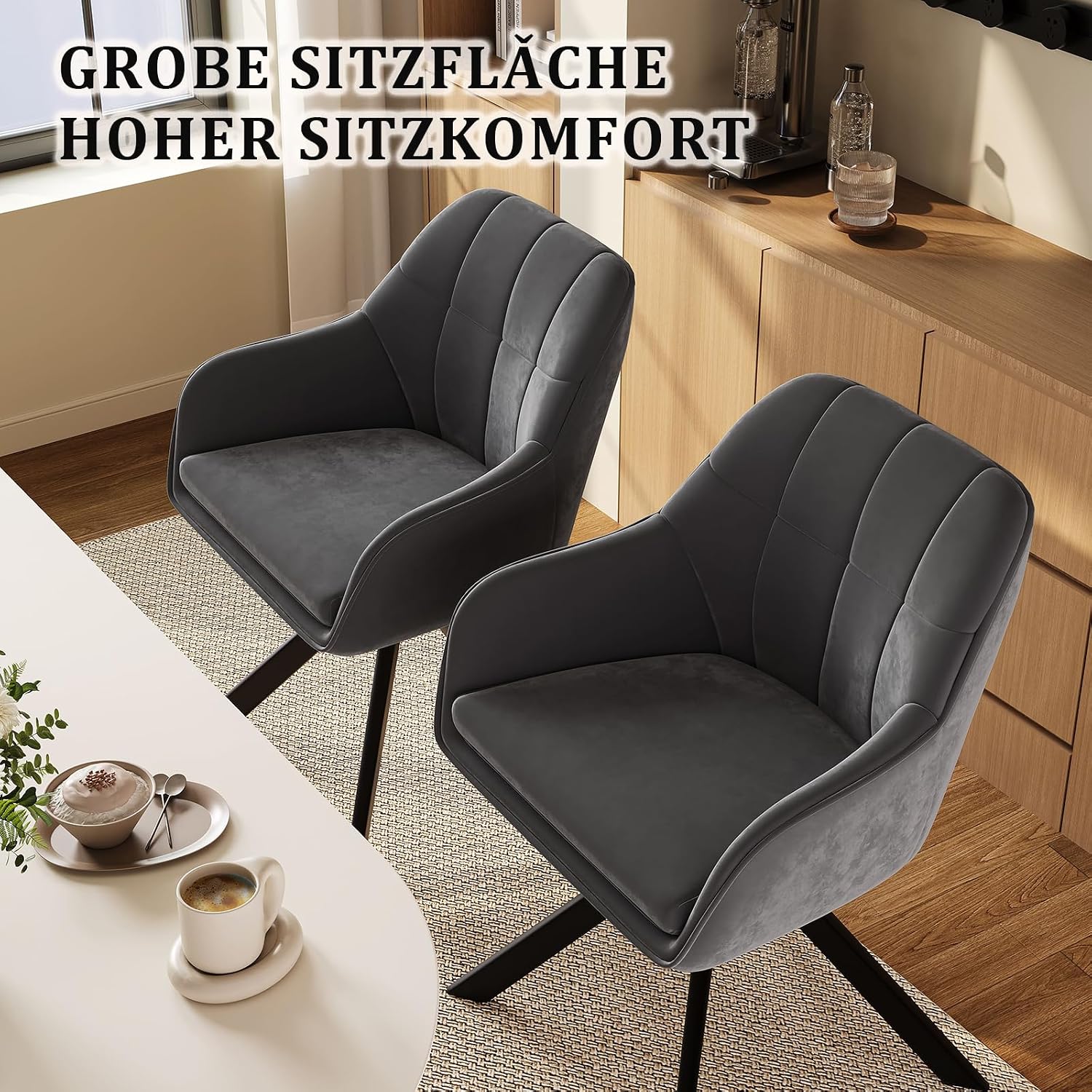 Esszimmerstühle drehbar 4er Set Grau Armlehnenstuhl Polsterstuhl drehstuhl Esszimmer drehstühle aus Samt Küchenstuhl mit Metallbeine für Wohnzimmer Esszimmer