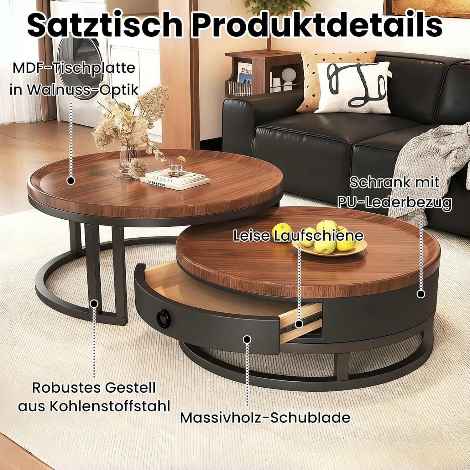 Generisch Couchtisch rund 2er Set mit Stauraum, Wohnzimmertisch mit Holz Schubladen, Walnussoptik und Metallrahmen, Moderne Kaffeetische Satztische Sofatisch für Wohnzimmer Schlafzimmer