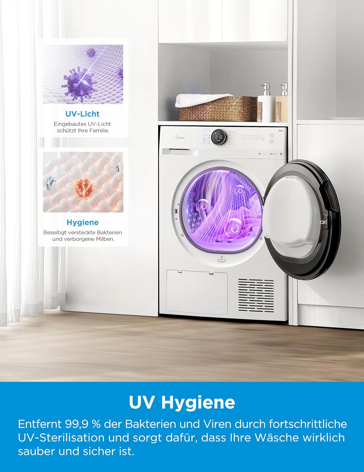 Midea Wärmepumpentrockner 8 kg Energieklasse C Fernsteuerung MD20EH80WB-A3