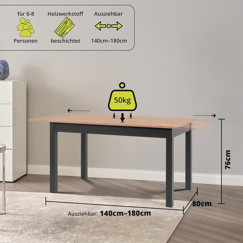 smart Esstisch 140x80 cm Asteiche, Küchentisch ausziehbar bis 180 cm, Esszimmertisch aus Holzwerkstoff inkl. erweiterbare Auszugsplatte, moderner Tisch für bis zu 8 Personen