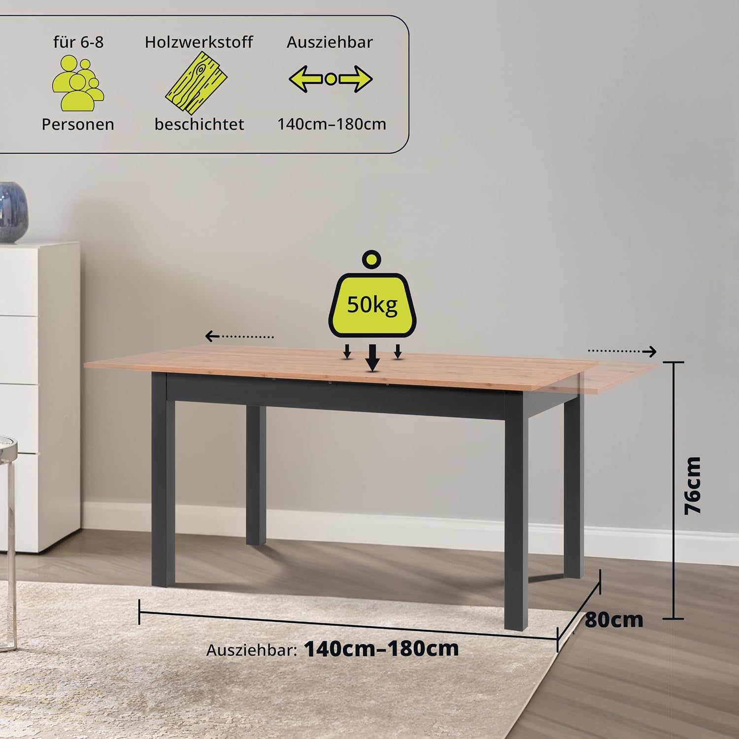 smart Esstisch 140x80 cm Asteiche, Küchentisch ausziehbar bis 180 cm, Esszimmertisch aus Holzwerkstoff inkl. erweiterbare Auszugsplatte, moderner Tisch für bis zu 8 Personen