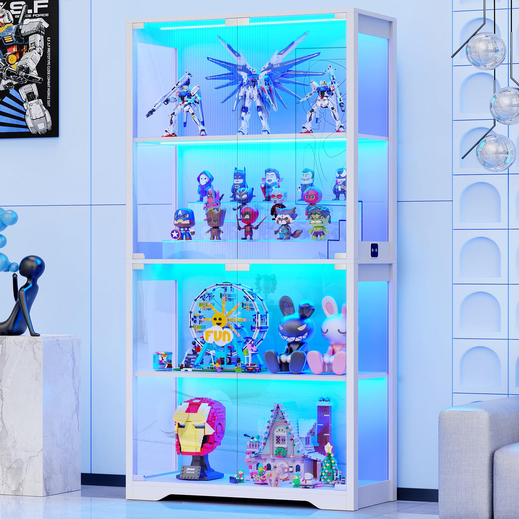 BROTTAR Glasvitrine mit Dreifarbig LED Beleuchtung und Glastüren, Glasvitrine Stehend mit Körpersensor-System, Sammlervitrine für Wohnzimmer, Büro, Bücher, Spielzimmer, Schwarz (40 x 35 x 160cm)