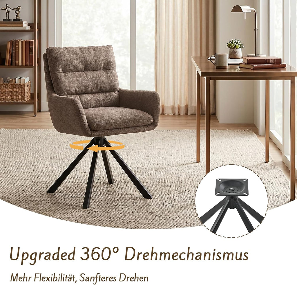 Esszimmerstuhl Drehbar 6er mit Armlehne – 360° Drehbarer Einzelstuhl mit Doppelter Rückenlehne und Abnehmbarem Sitzkissen,Mokkabraun