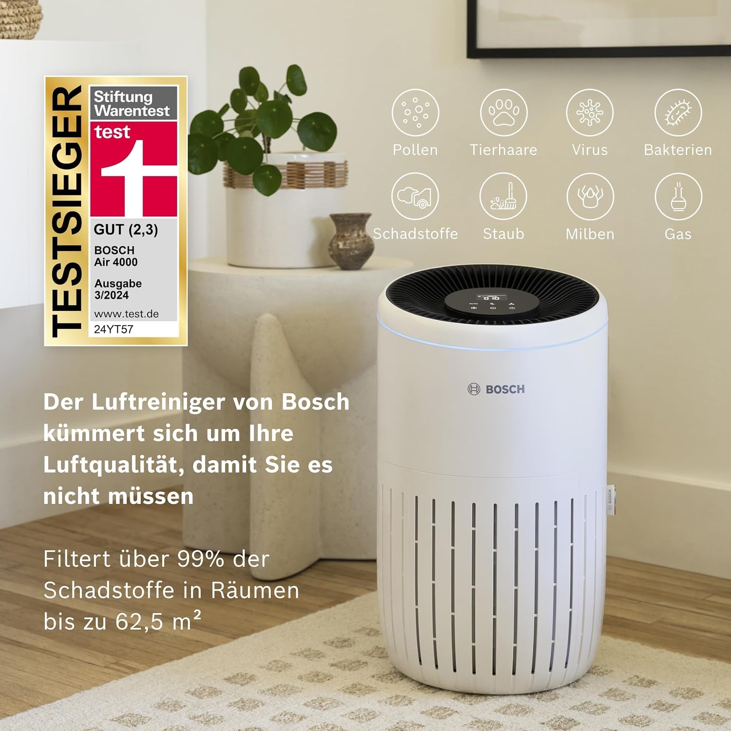 Bosch Air 4000, Luftreiniger, Für Räume bis zu 62,5 m²