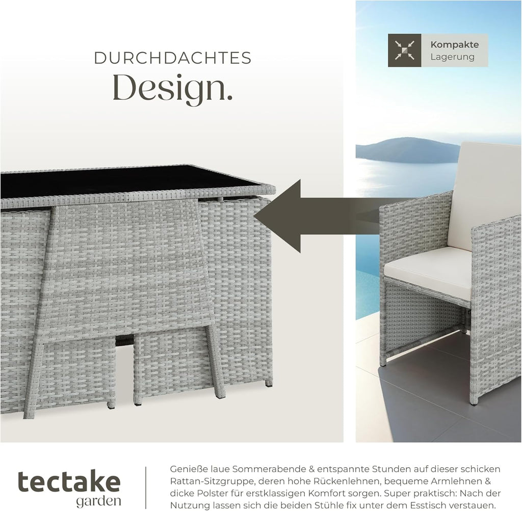 tectake® Poly Rattan Sitzgruppe für 2 Personen, Outdoor Möbel platzsparend zusammenschiebbar, 2 Sessel & 1 Tisch, ideales Balkon Lounge Set, Gartenmöbel, Terrassenmöbel wetterfest - hellgrau