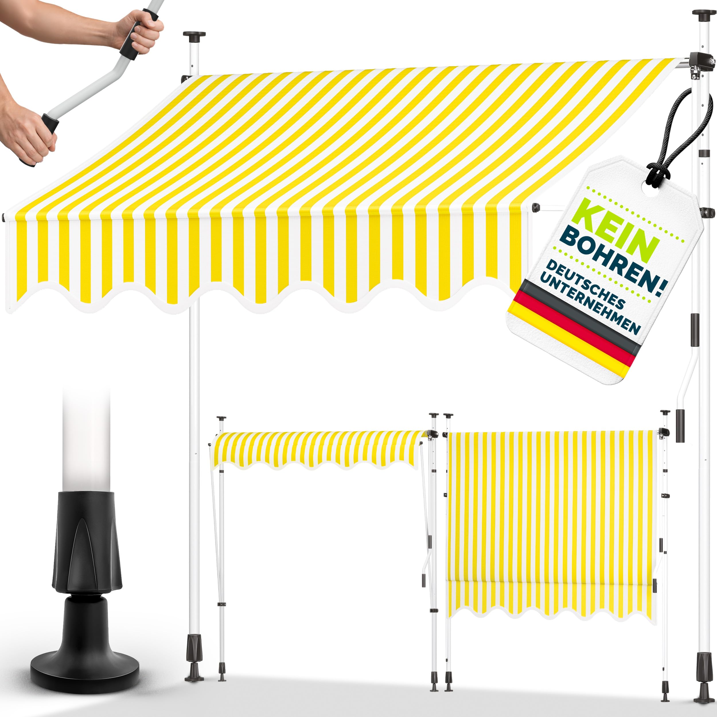 tillvex Klemmmarkise 350cm breit mit Handkurbel | Balkonmarkise ohne Bohren