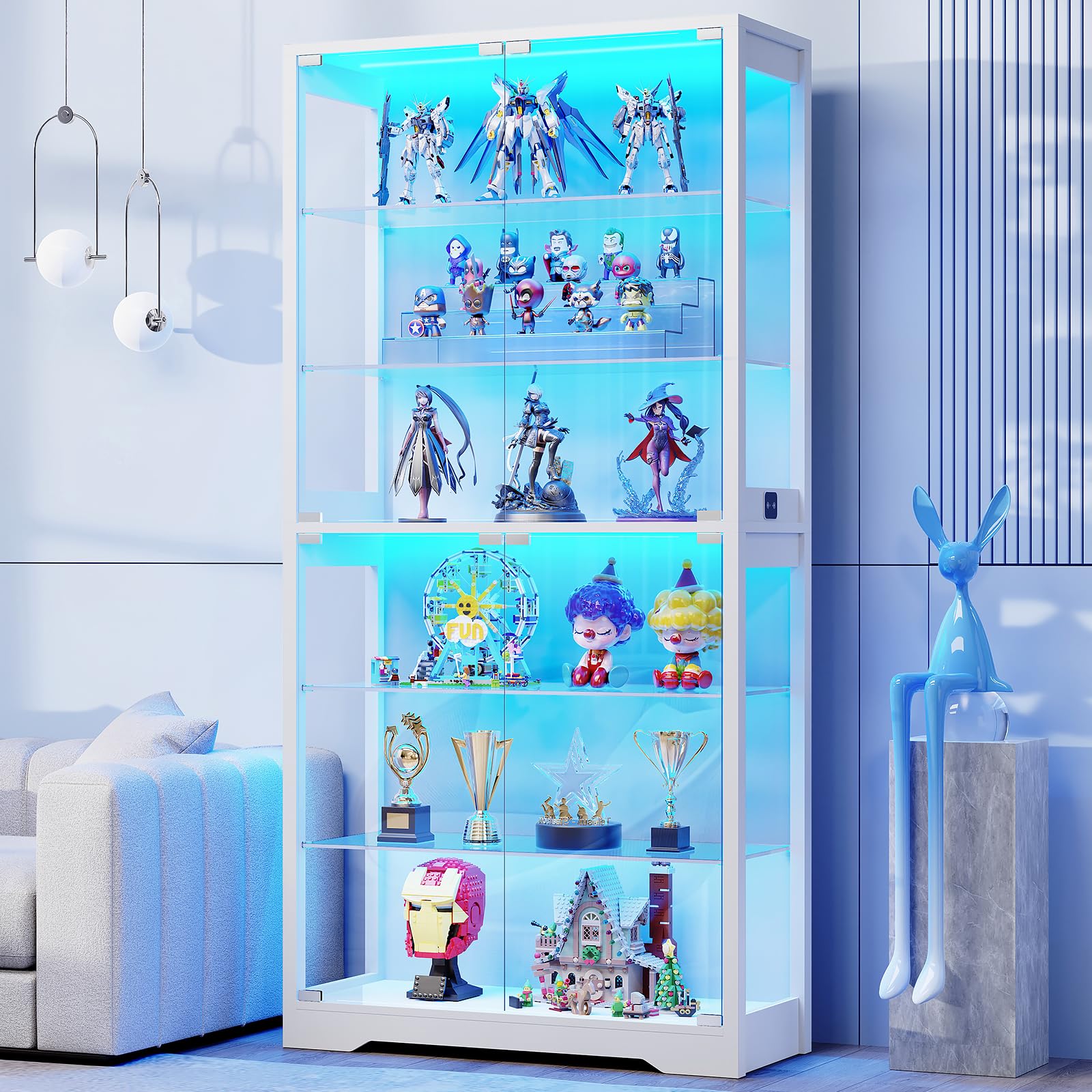 BROTTAR Vitrine mit Glastür, 6-stufige 180cm Vitrine mit 3 Farblichten für Sammlerstücke, Vitrine mit verstellbaren Glasträgern, Körperkensorsensor, Aufbewahrungsschränke, Schwarz