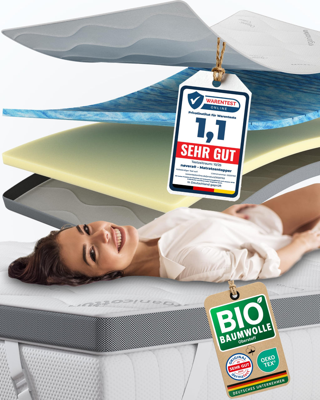 Deluxe Gel Topper 180x200cm | Oberstoff aus 100% Bio-Baumwolle | wolkenweicher 7-Zonen Matratzentopper 180x200cm | Hohes RG 50 | 8cm Matratzen Topper 180x200 |Luxus Matratzenauflage Geltopper