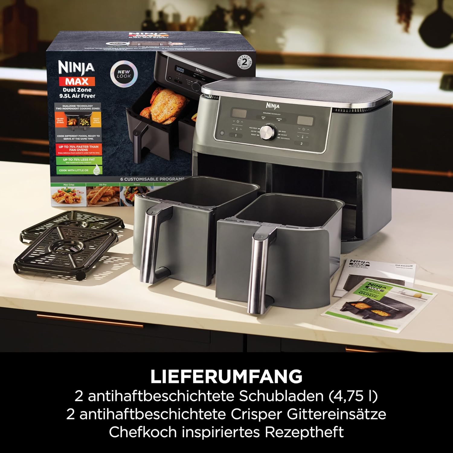 Ninja Dual Zone Digital Air Fryer, 2 Schubladen, Metallic Grau DZ400EU