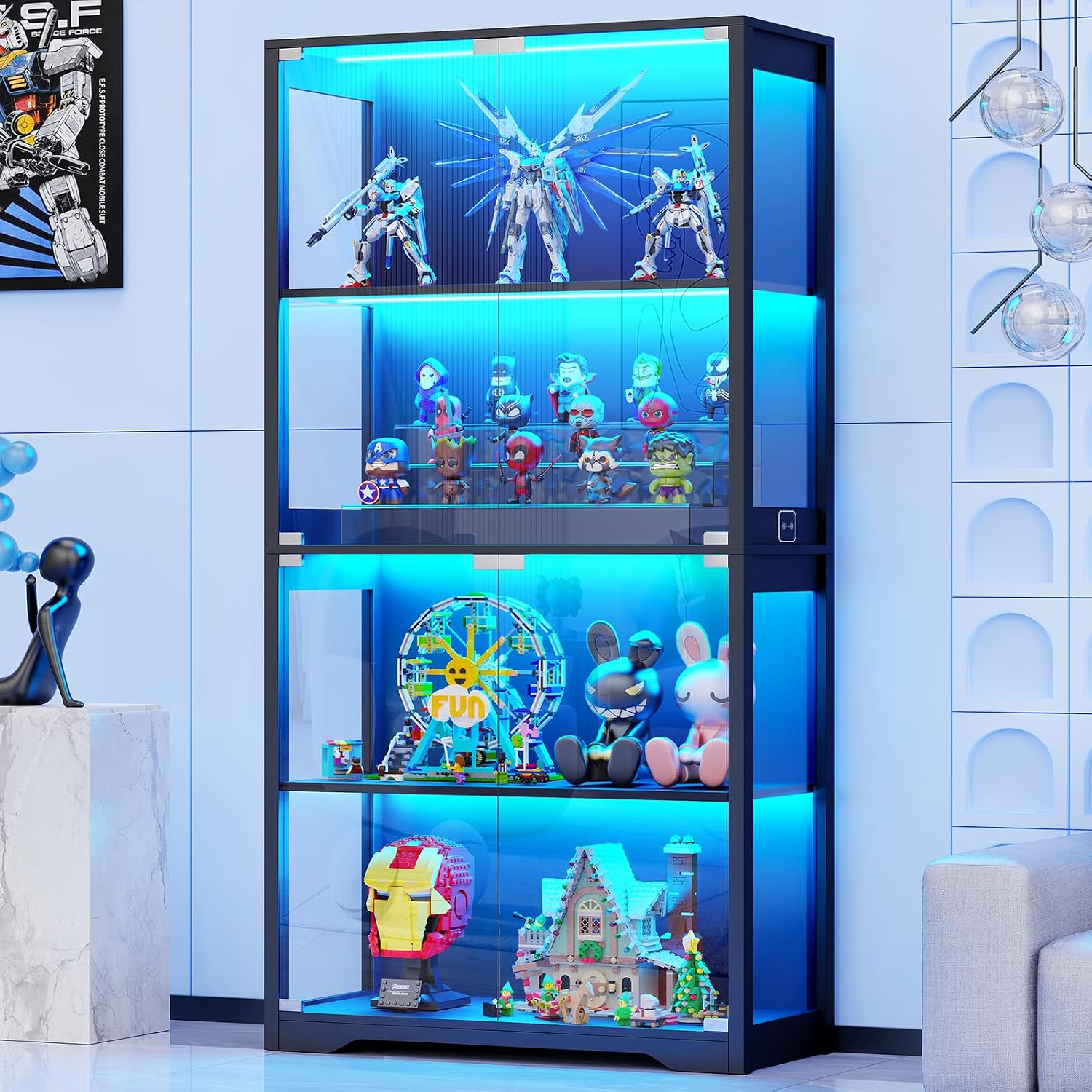BROTTAR Beleuchtete Glasvitrine mit LED Sensor, moderner Vitrinenschrank & Standvitrine, 4 Etagen Sicherheitsglas Vitrine für Lego, Figuren und Sammlungen, Schwarz
