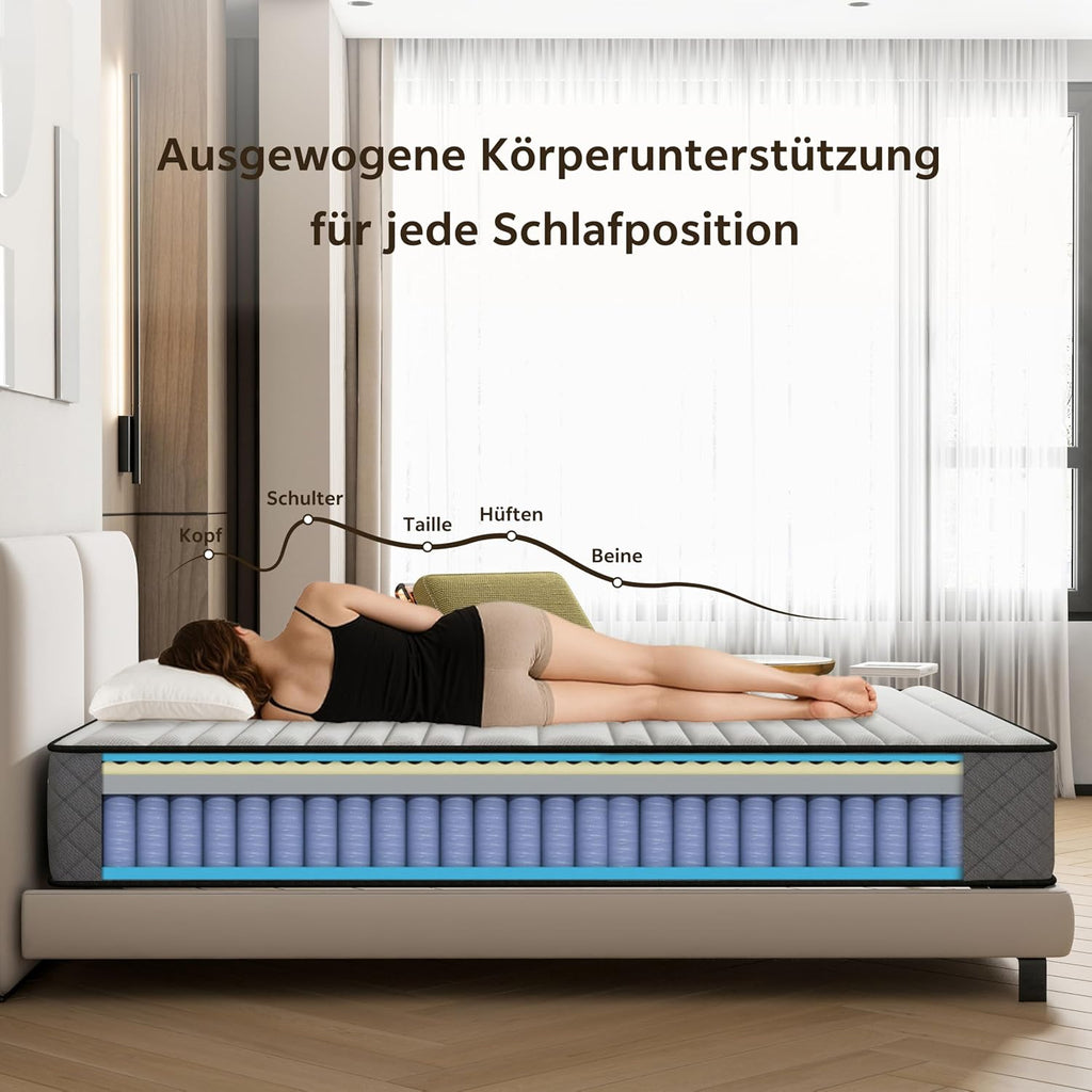 Matratze 140x200 Kaltschaum H2 H3 mit Öko-Tex Zertifiziert 25 cm Höhe, 7-Zone Taschenfederkernmatratze mit Memory Foam Bett Matratze 140x200x25cm
