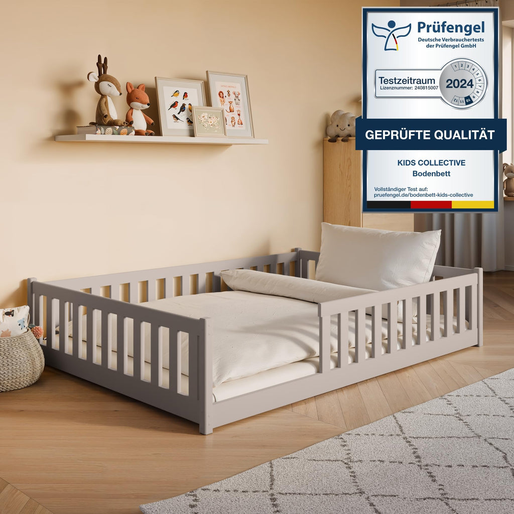 Kids Collective Kinderbett Bodenbett 120x200 cm Bett mit Rausfallschutz & Lattenrost Montessori Bett Bed Gitterbett Kinder Jugendbett Einzelbett | Natur Kiefer Holz massiv Junge Mädchen