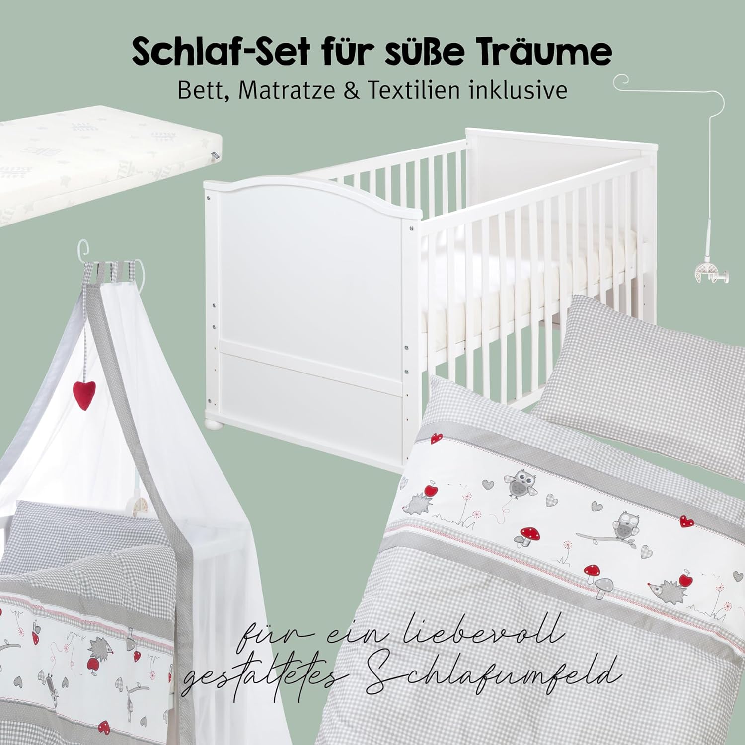 roba Babybett Set Adam & Eule - 70 x 140 cm - Mitwachsendes Kinderbett mit Bettwäsche, Himmel, Matratze - Höhenverstellbar - zu Juniorbett umbaubar - Holz weiß