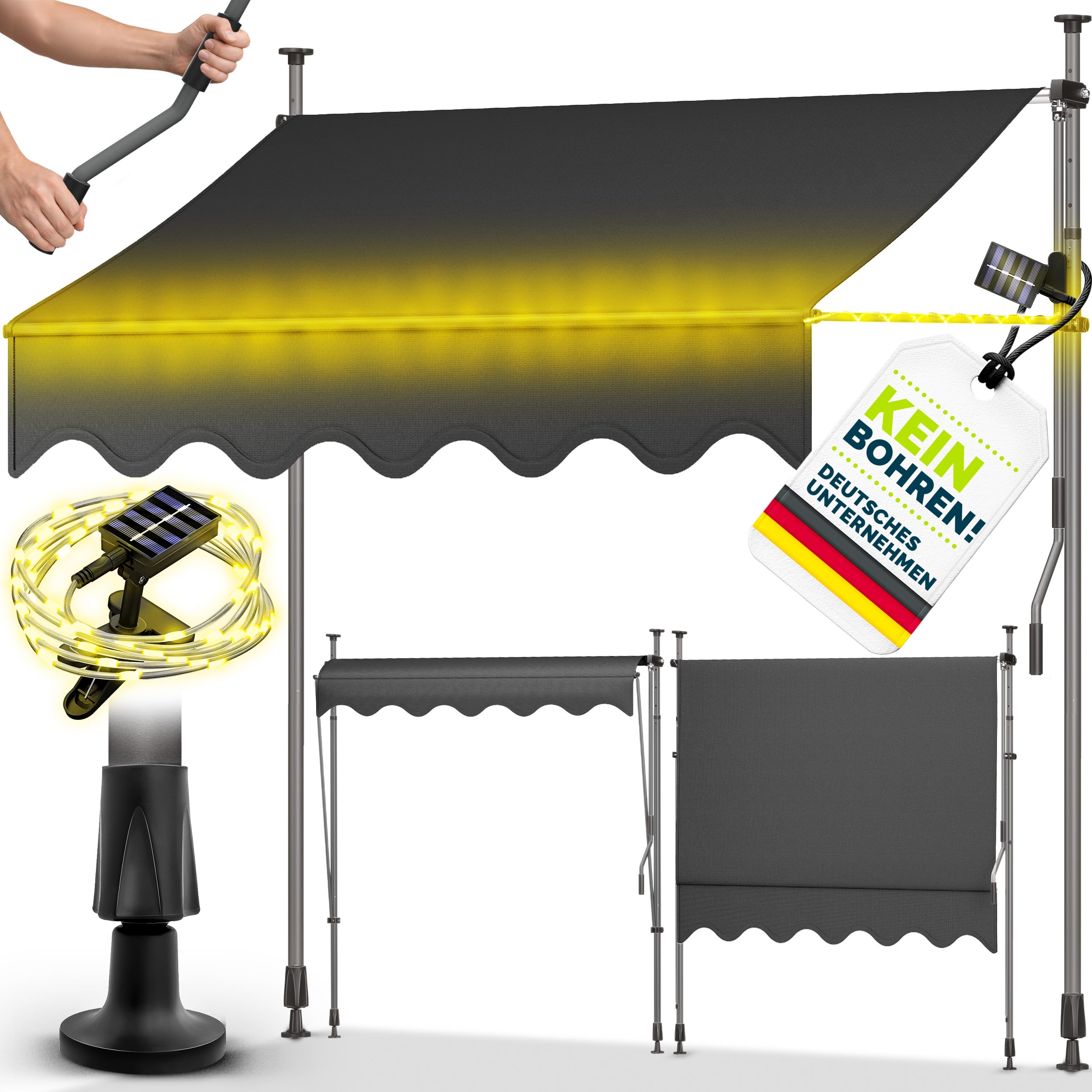 tillvex Klemmmarkise 350cm breit mit Handkurbel | Balkonmarkise ohne Bohren