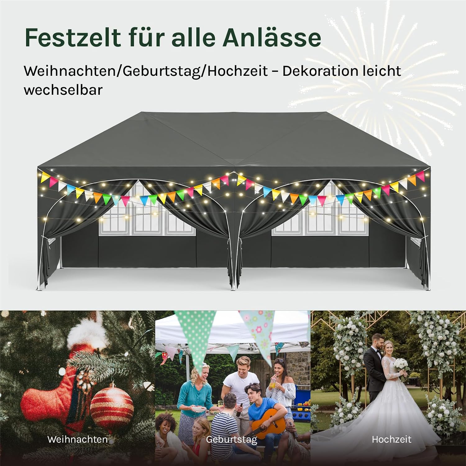 WOLTU Faltpavillon 3x6m Pop up mit 6 Seitenwänden Pavillon Partyzelt Grau