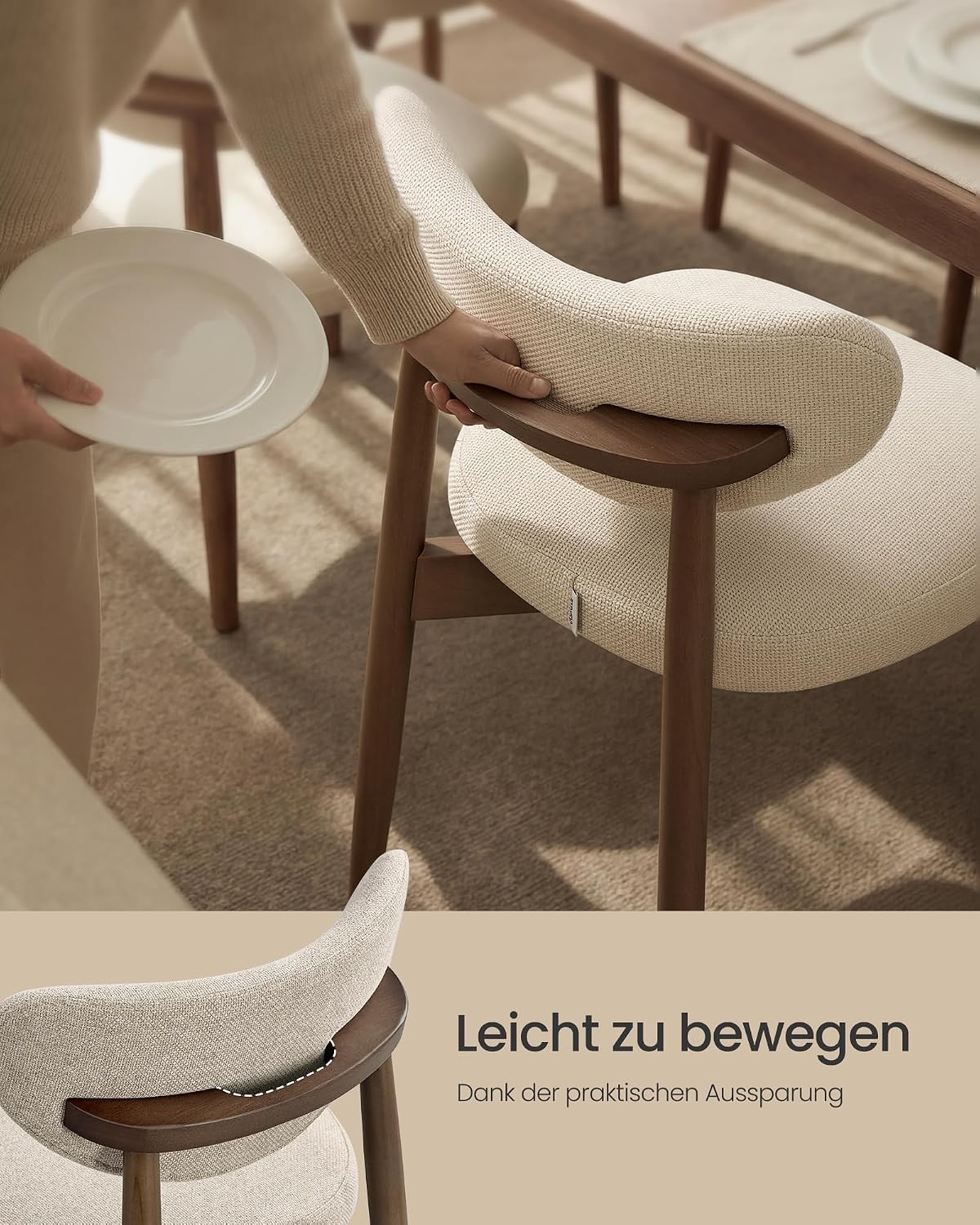 VASAGLE Esszimmerstuhl 4er Set, Küchenstuhl, Polsterstuhl mit Massivholzbeinen, ergonomische Rückenlehne, Aussparung als Griff, Mid-Century-Modern-Stil, Küche, cappuccinobeige KDC668L101-2J