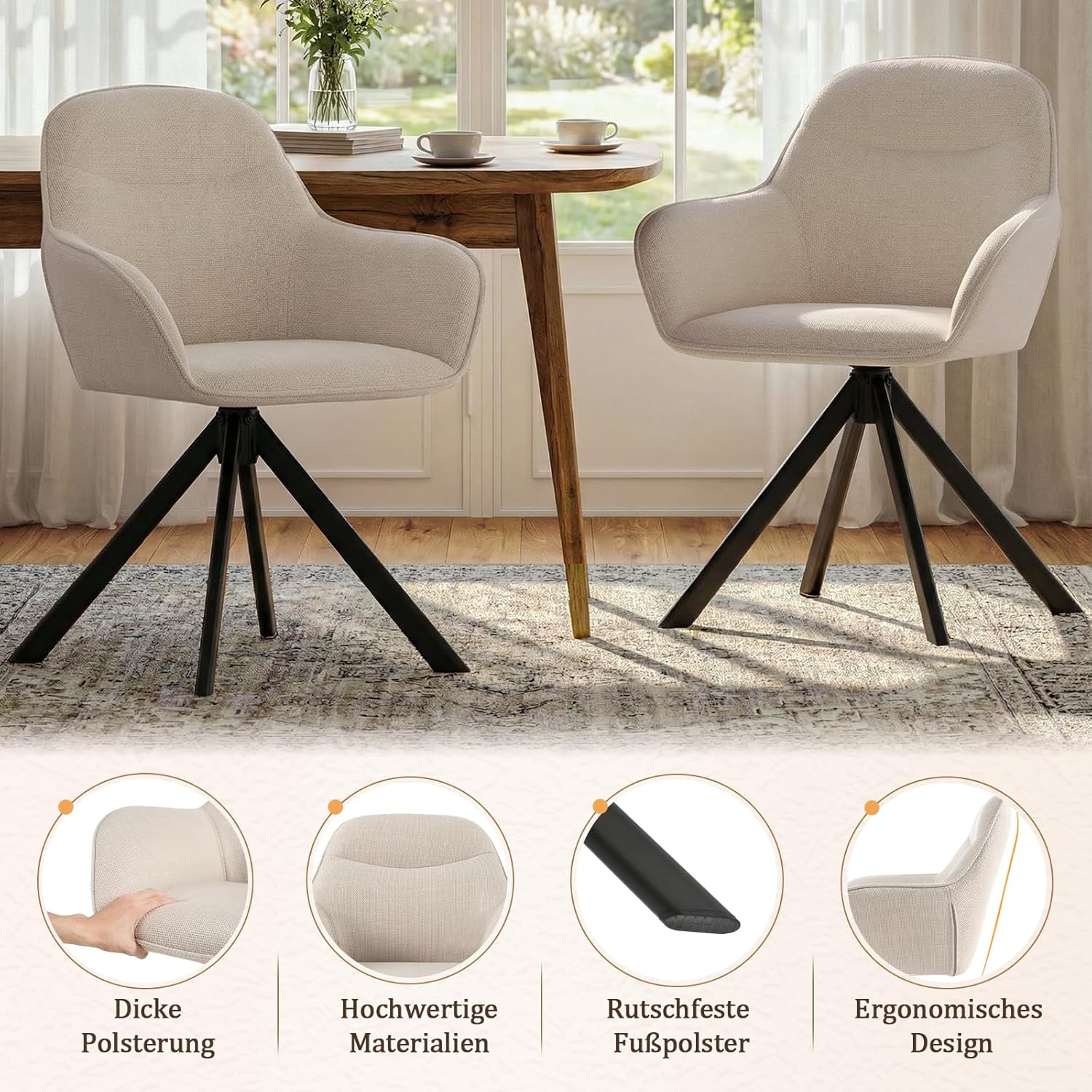 Esszimmerstühle Drehbar 4er Set mit Armlehne, 360° drehbar, Polsterstuhl Leinen, Drehstuhl Esszimmer Beige, Küchenstuhl mit Metallbeine für Esszimmer, Wohnzimmer, Büro