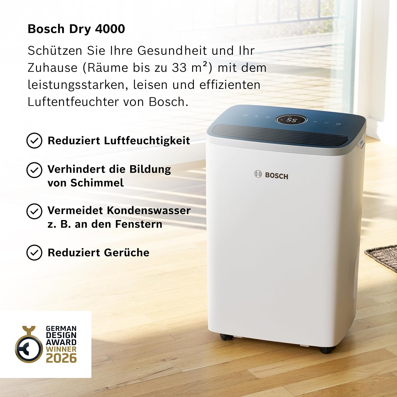 Bosch Dry 4000, Luftentfeuchter, Für Räume bis zu 33 m²