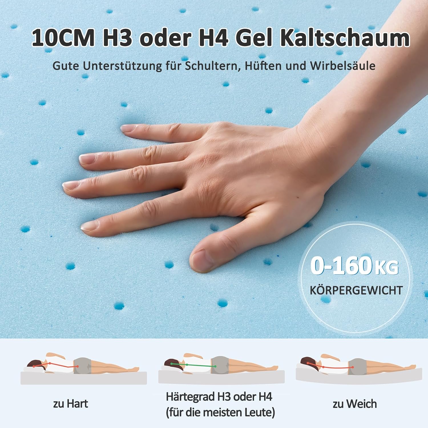 BedStory Gel Topper 180x200cm H3/H4 aus 10cm Höhe Kaltschaumkern