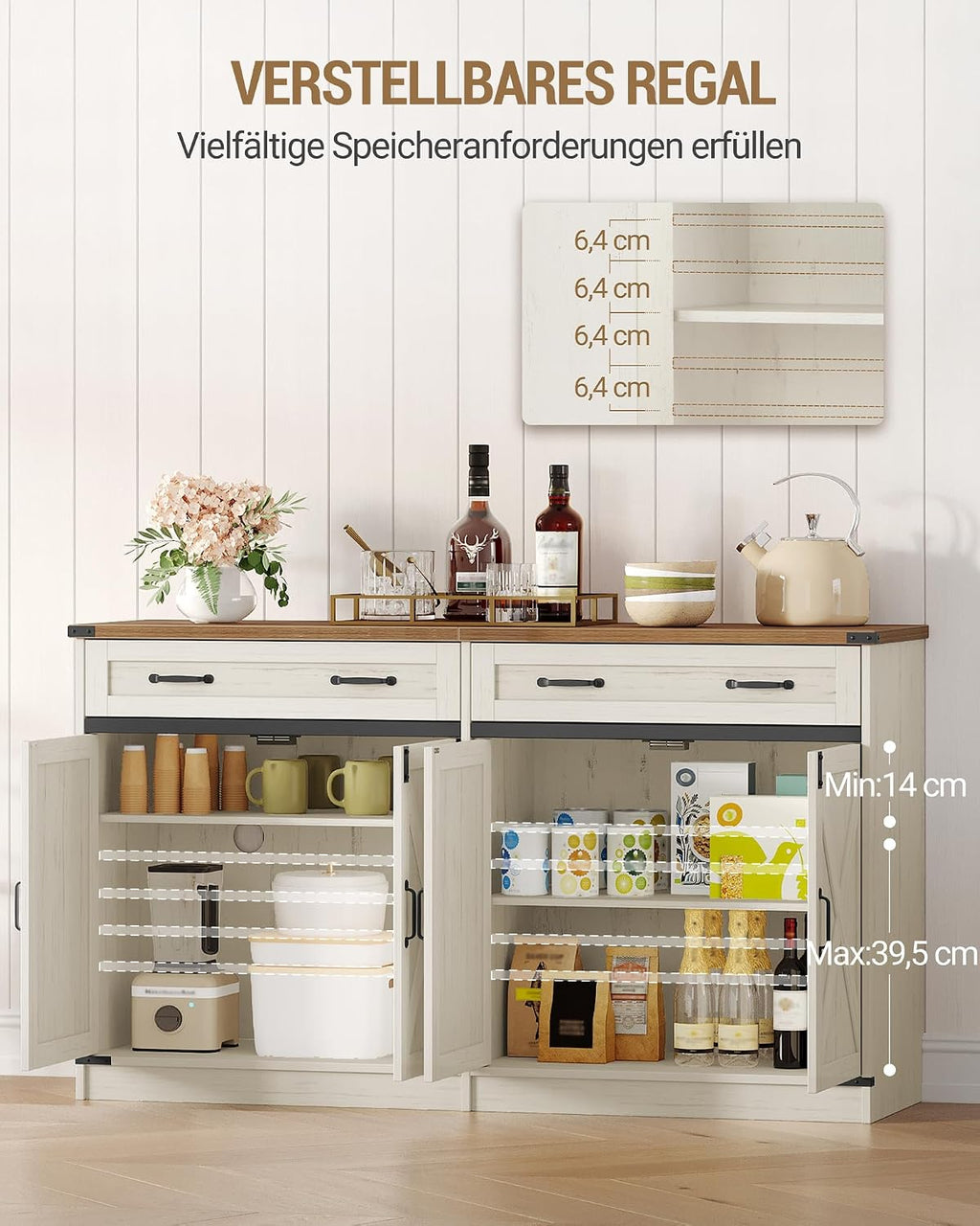 Hzuaneri Sideboard, Buffetschrank mit 2 Schublade, 4 Türen