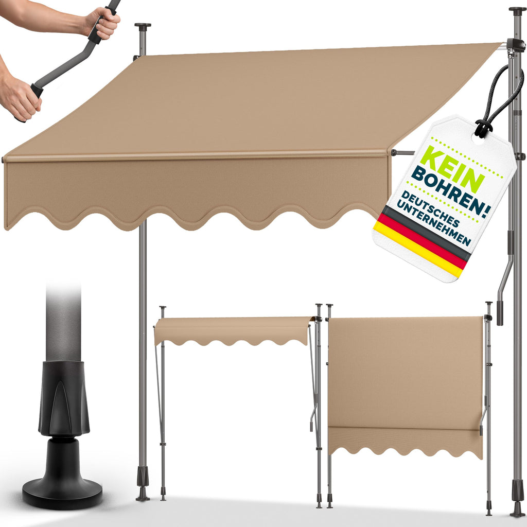 tillvex Klemmmarkise 350cm breit mit Handkurbel | Balkonmarkise ohne Bohren