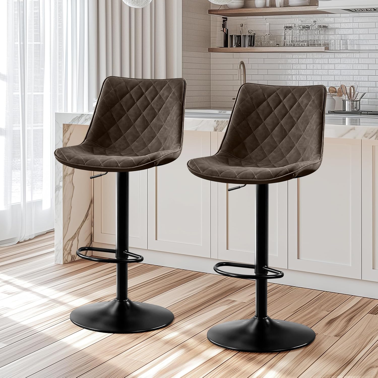 STOOLINK Barhocker 2er Set Barstuhl Höhenverstellbar mit Mikrofaser-Leder, Barhocker mit Lehne, Tresenhocker Drehbar, Bistrohocker Designer, Barstühle für Küche, Theke, Bar-Braun