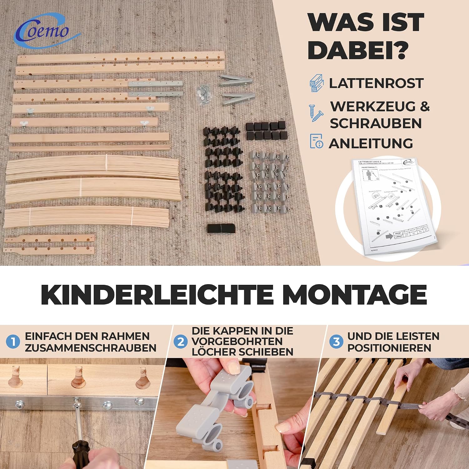 Coemo 7-Zonen Lattenrost Ergo 140x200 Lattenrahmen - verstellbares Kopfteil - Buche Rahmen- 28 Federleisten- Bettrahmen 140x200cm passend für Queensize Bett- geeignet für alle Matratzen