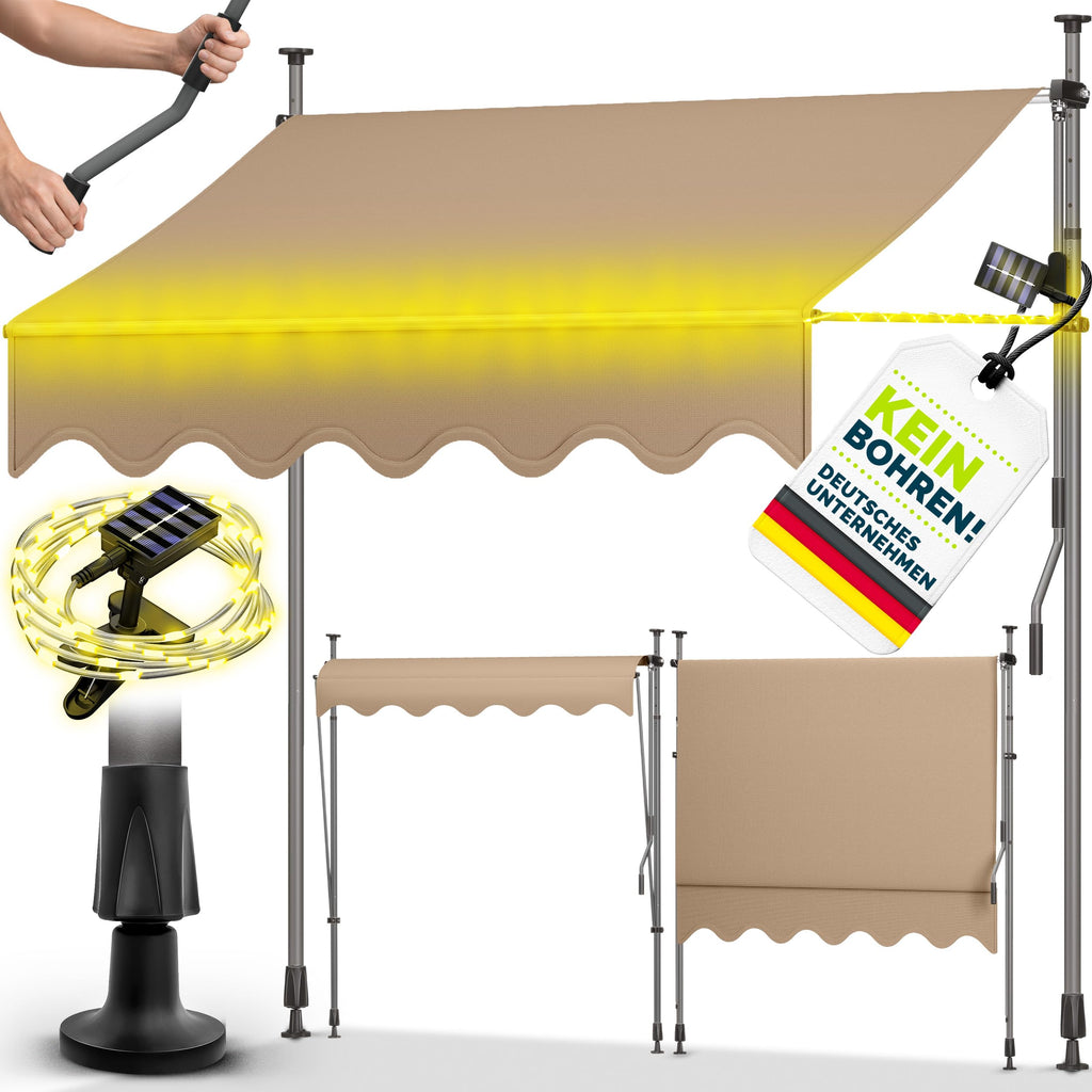 tillvex Klemmmarkise 350cm breit mit Handkurbel | Balkonmarkise ohne Bohren