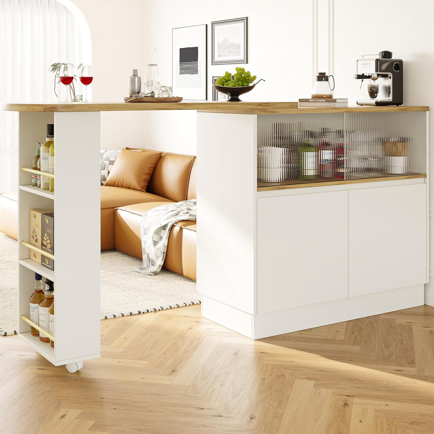 Merax Ausziehbarer Bartisch mit Stauraum, 360° drehbarer Beweglicher Bartisch Küchentheke Kücheninsel Kaffeeecke, mit Offene Ablagefächer, Glasschiebetür, Weiß/120-180 x 45 x 103 cm