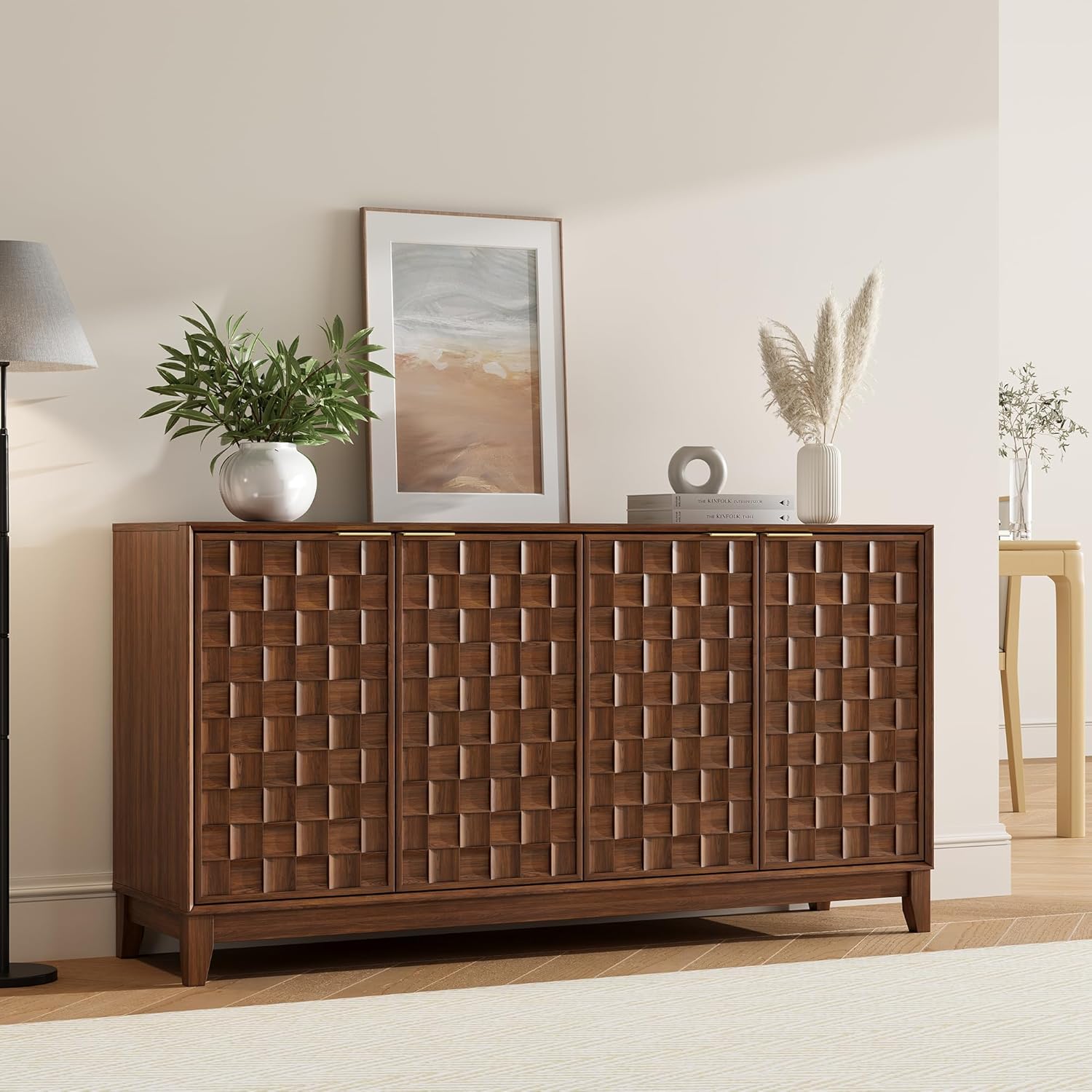 COLAMY Sideboard 150 cm Holz mit Stauraum – Modernes Sideboard für Wohnzimmer, Küchenschrank mit verstellbaren Einlegeböden, Buffet Schrank mit 3D Holzfront, Walnut