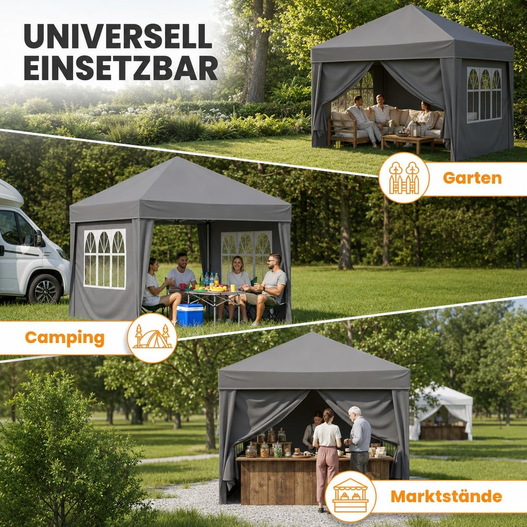 NATURIZ® Pavillon 3x3 Wasserdicht Stabil und UV 50+ Schutz - Faltpavillon mit Seitenwänden - Pop Up Zelt für Garten, Camping, Marktstand & Partyzelt, Gartenpavillon, Gartenzelt, Festzelt (Grau)