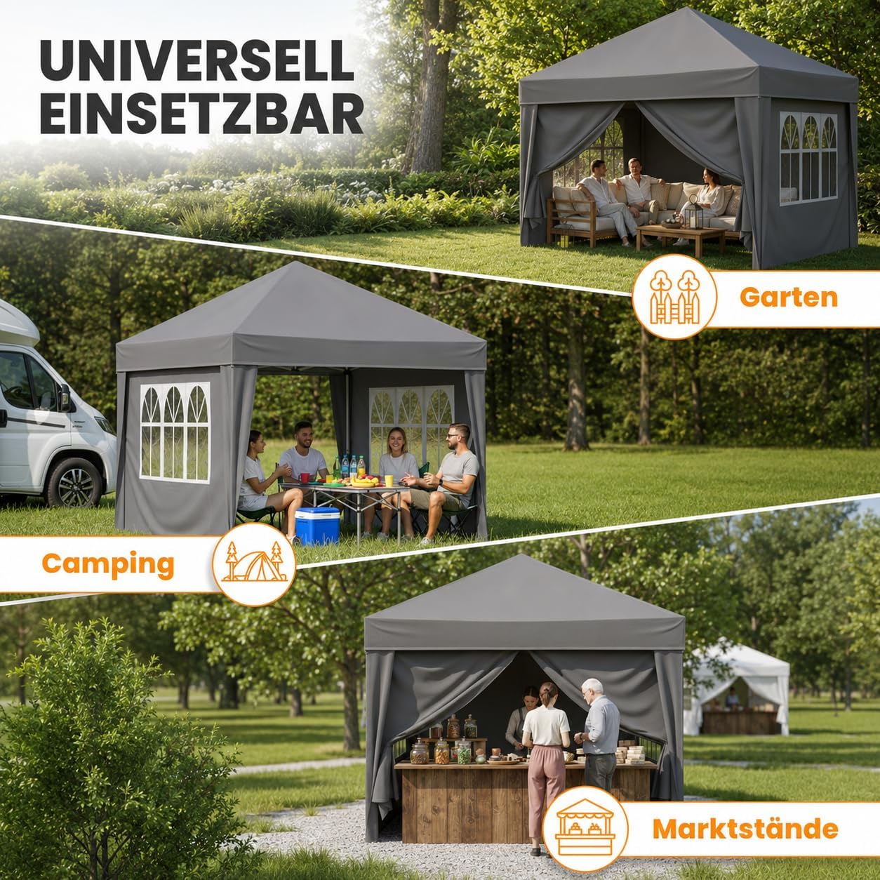 NATURIZ® Pavillon 3x3 Wasserdicht Stabil und UV 50+ Schutz - Faltpavillon mit Seitenwänden - Pop Up Zelt für Garten, Camping, Marktstand & Partyzelt, Gartenpavillon, Gartenzelt, Festzelt (Grau)