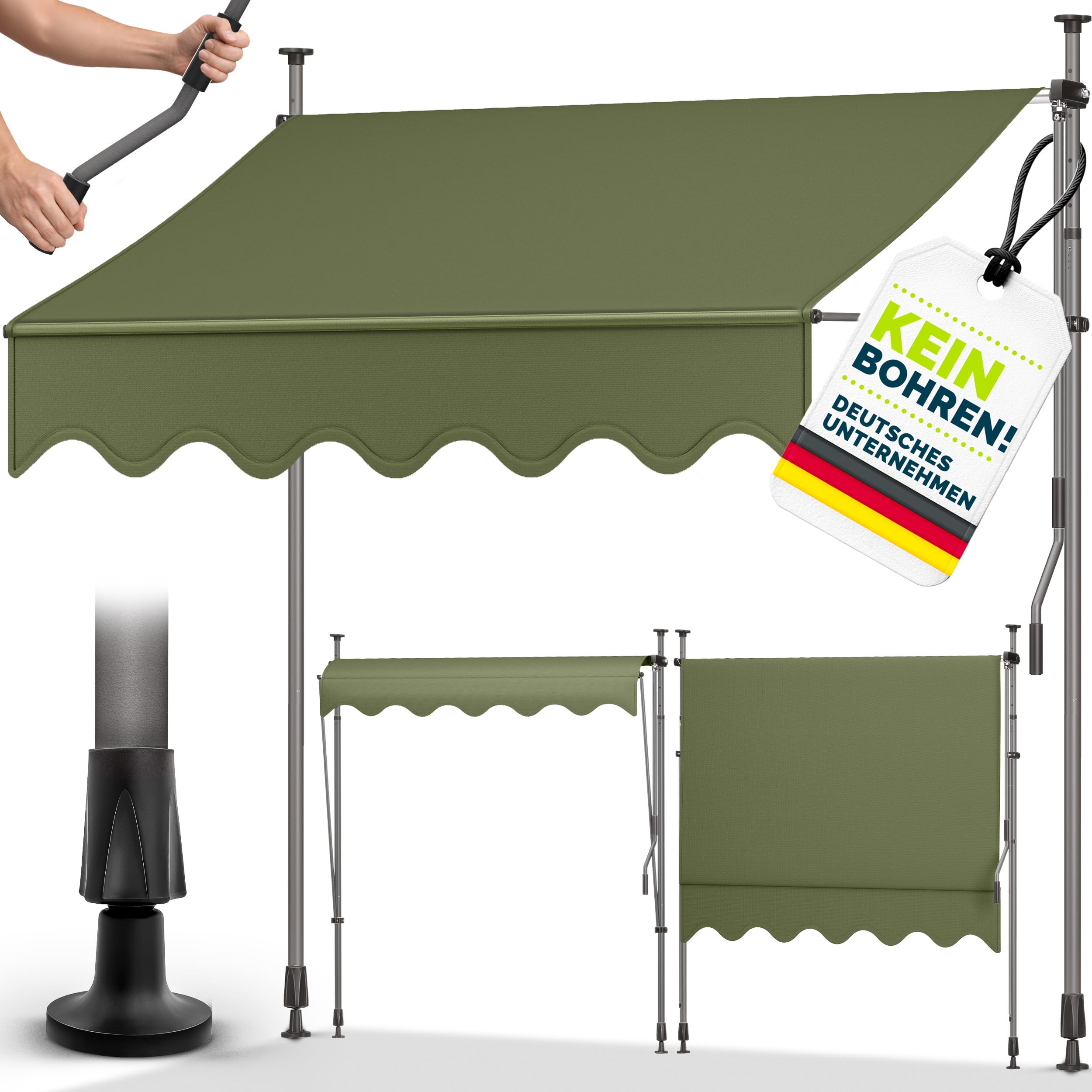 tillvex Klemmmarkise 350cm breit mit Handkurbel | Balkonmarkise ohne Bohren
