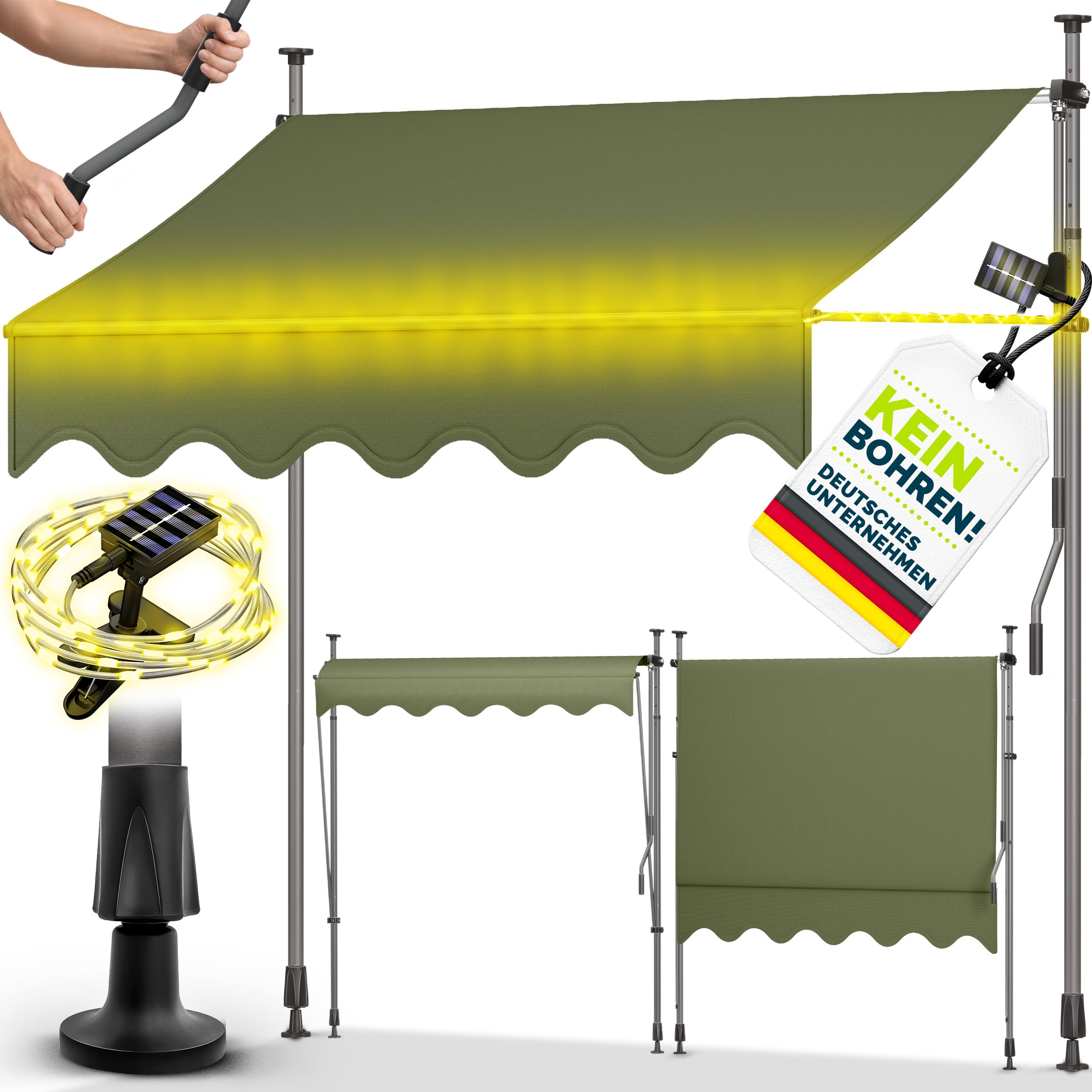 tillvex Klemmmarkise 350cm breit mit Handkurbel | Balkonmarkise ohne Bohren