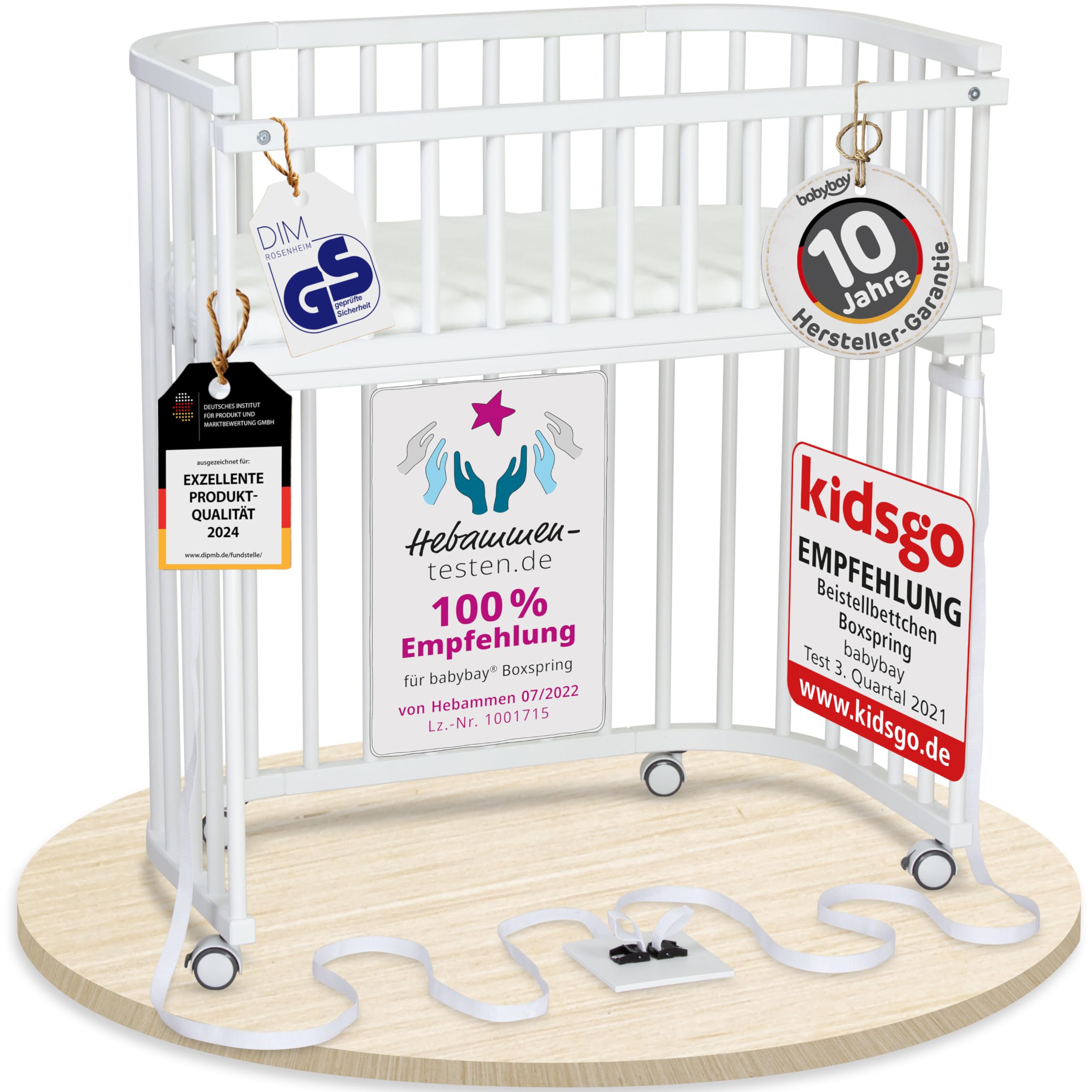 babybay Original Beistellbett aus massivem Buchenholz / kompakt & verwandelbar / Kinderbett Höhe stufenlos verstellbar & umweltfreundlich / mitwachsendes Babybett (weiß lackiert) / inkl. Matratze